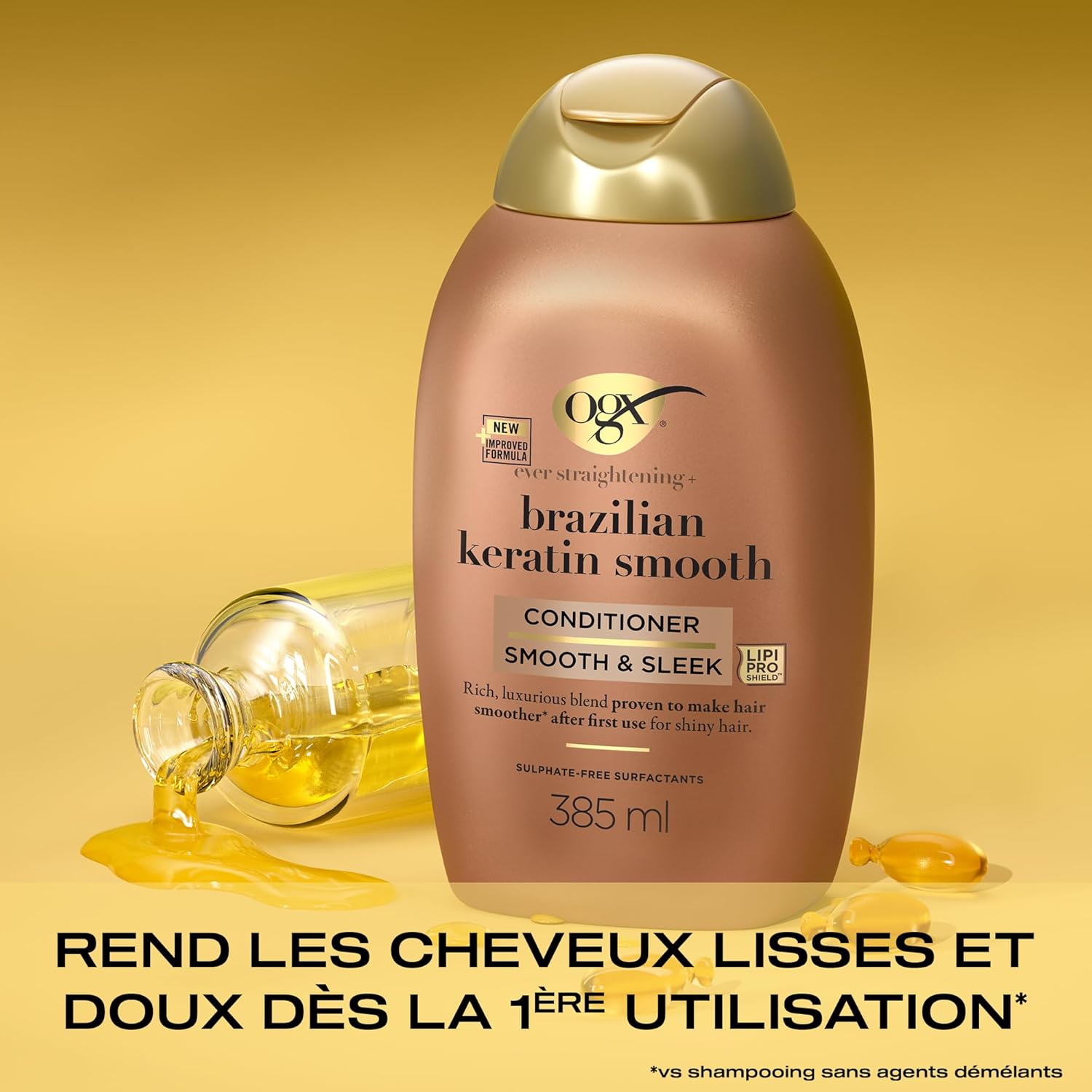 OGX - Brazilian Smoothing Keratin Conditioner (385ml Bottle) - Keratin Smoothing Hair Care for Shiny Hair - Sulfate and Paraben Free Conditioner - Image 4