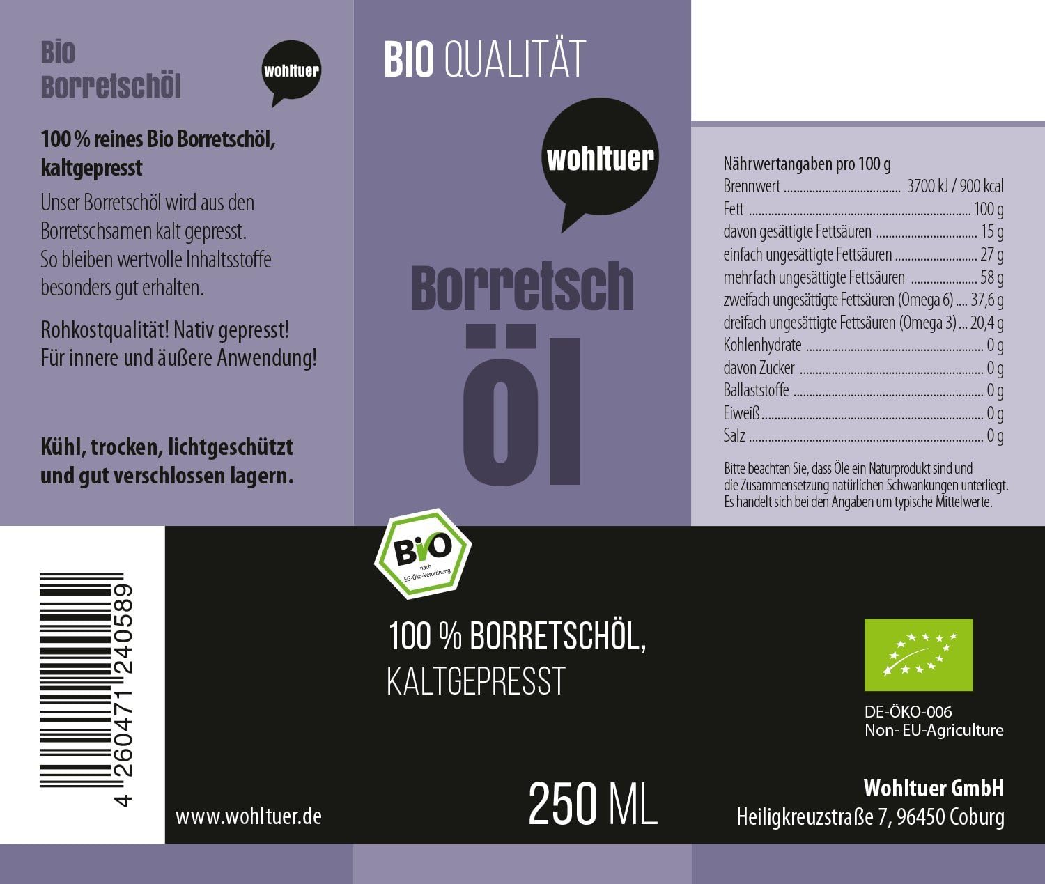 Wohltuer, Organic Borage Oil 250 ml – Pressed Native and 100% Pure – Pure Nature (250 ml) - Image 3