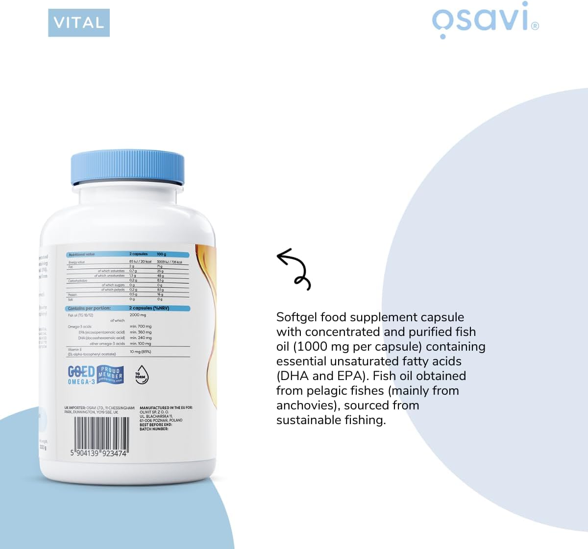 Osavi Omega-3 Fish Oil Molecularly Distilled, 1000mg (Lemon) - 120 softgels - Image 7