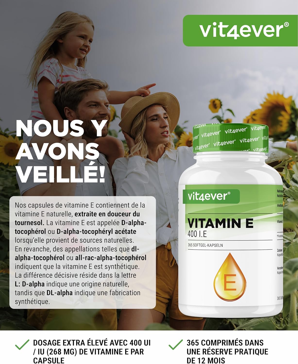 Natural Vitamin E 400 IU - 365 Softgel Capsules - Premium: Sunflower Natural Vitamin E - 12 Months Supply - High Dosed - Image 3