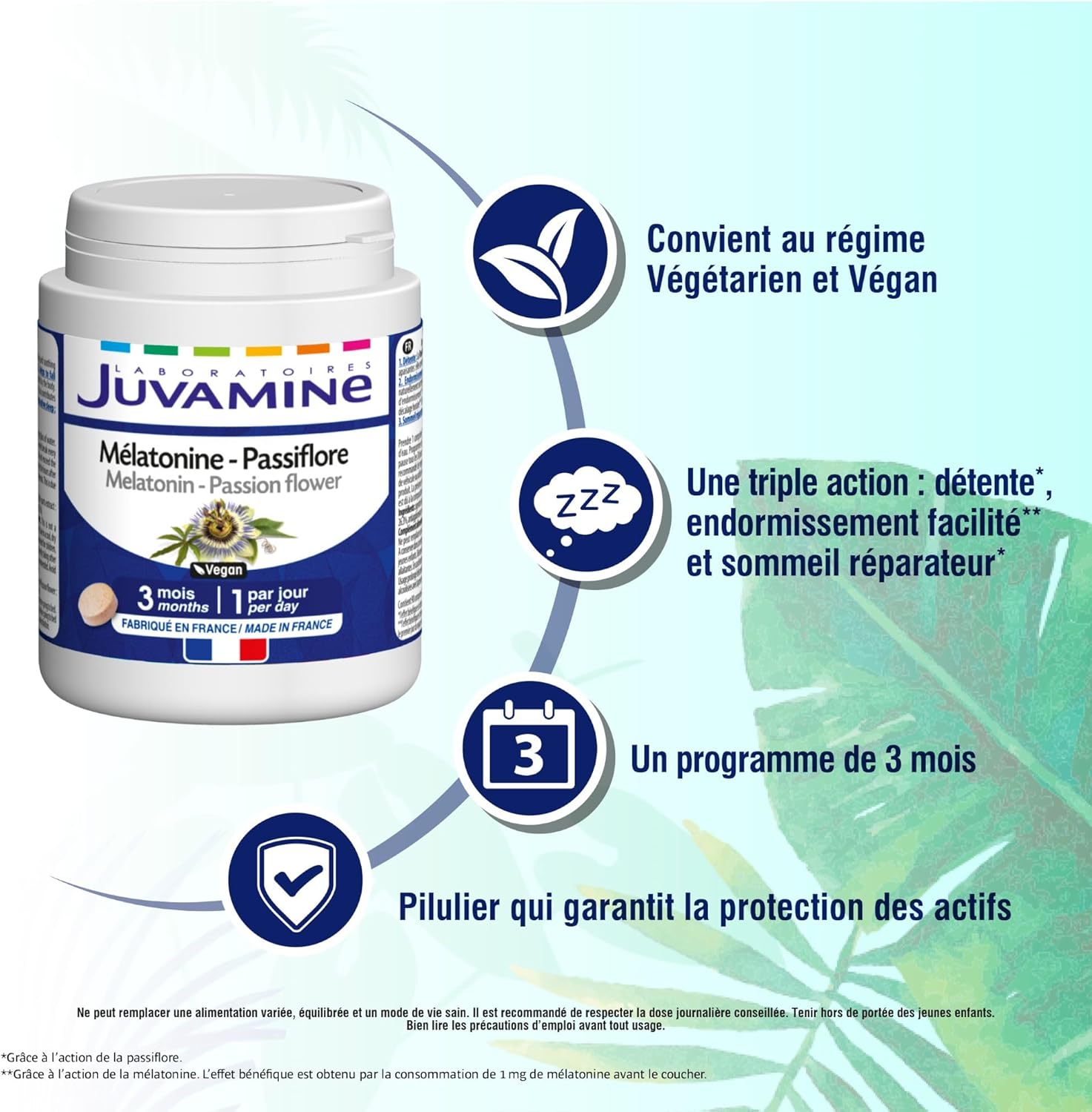 JUVAMINE Melatonin Passionine, Sleep, Triple Action, Relaxation, Easy Sleep, Repairing Sleep, 3 Month Program, 90 Tablets, Made in France - Image 3