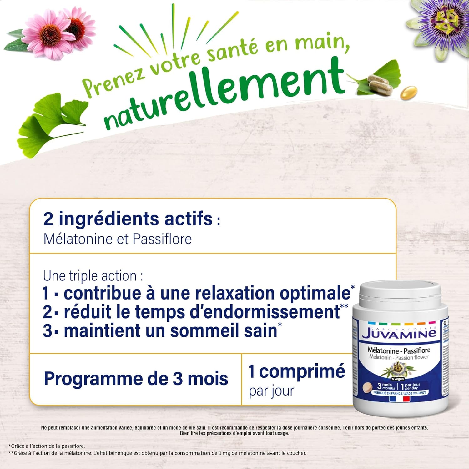 JUVAMINE Melatonin Passionine, Sleep, Triple Action, Relaxation, Easy Sleep, Repairing Sleep, 3 Month Program, 90 Tablets, Made in France - Image 4