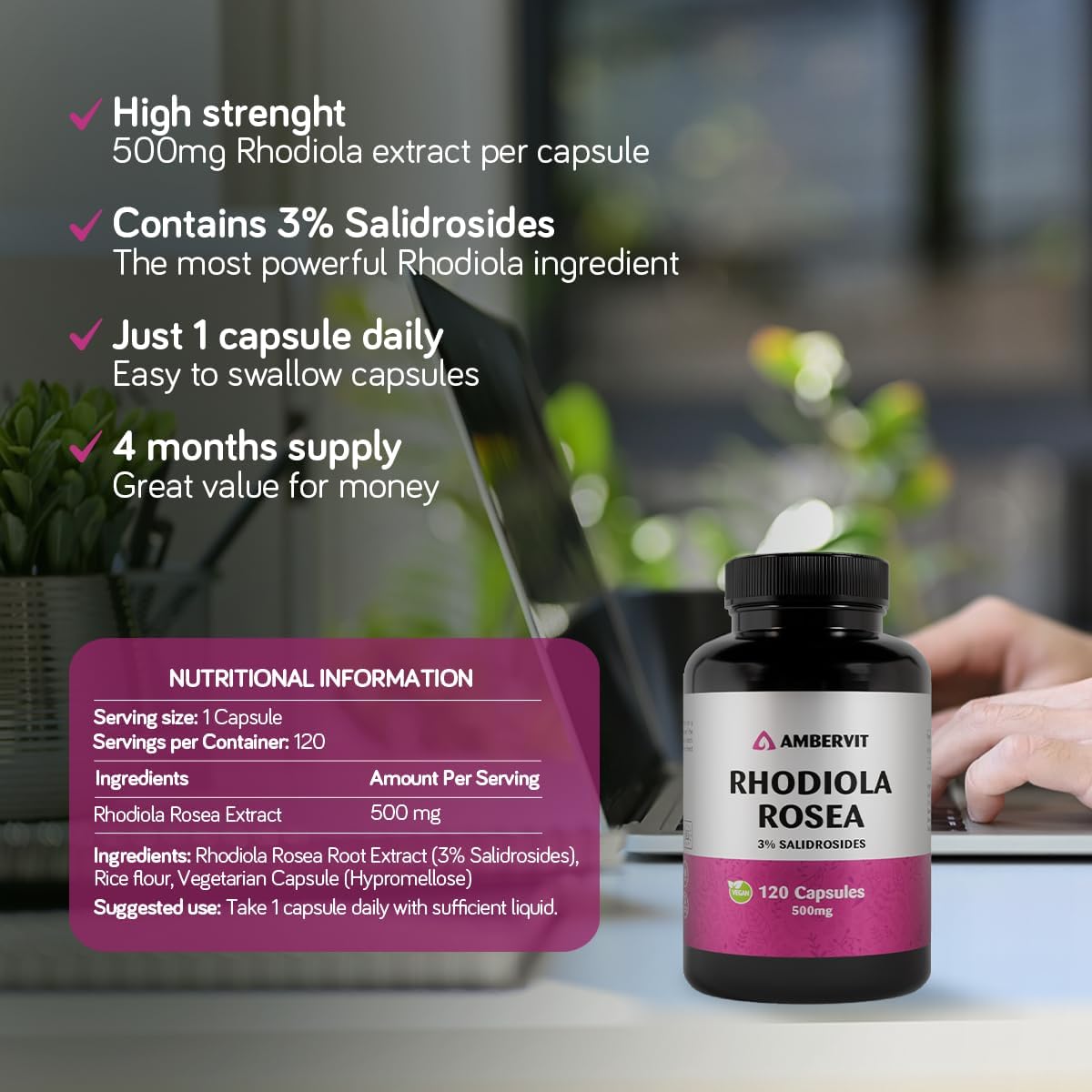 Rhodiola Rosea 500mg - 120 Capsules - 3% Salidrosides - Rosenwurz High Dosed Capsules - Cure 4 Months | Rhodiola Rosea Premium Extract | Vegan, Gluten Free, Made in EU - Ambervit - Image 4