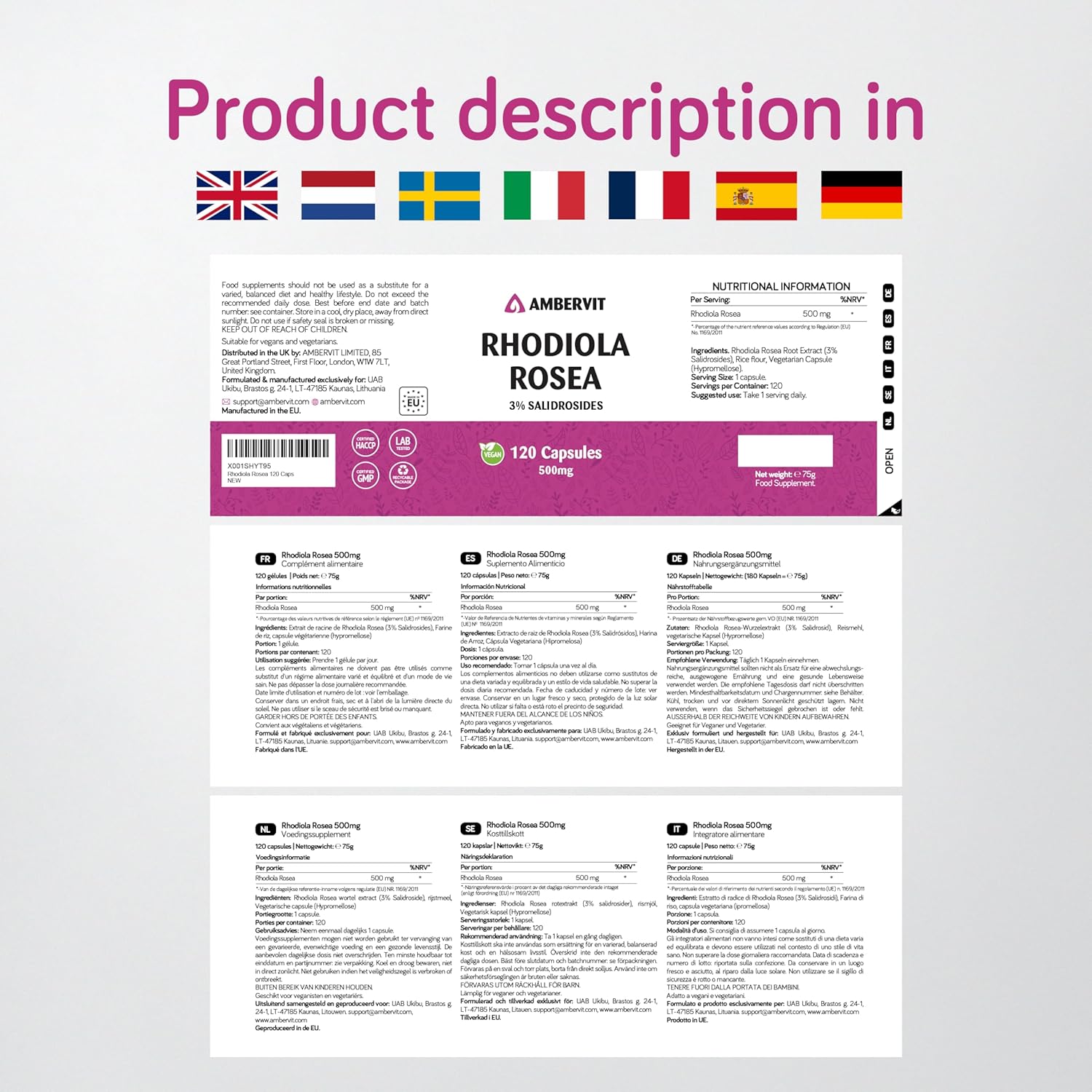 Rhodiola Rosea 500mg - 120 Capsules - 3% Salidrosides - Rosenwurz High Dosed Capsules - Cure 4 Months | Rhodiola Rosea Premium Extract | Vegan, Gluten Free, Made in EU - Ambervit - Image 6