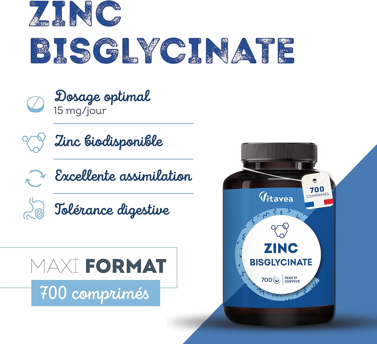 Zinc Bisglycinate 700 tablets - Acne, Skin, Hair, Immunity - Contains 46 mg of Zinc Bisglycinate (including 15mg Zinc Element) - Without Digestive Discomfort - Vegan - Made in France - Vitavea - Image 3
