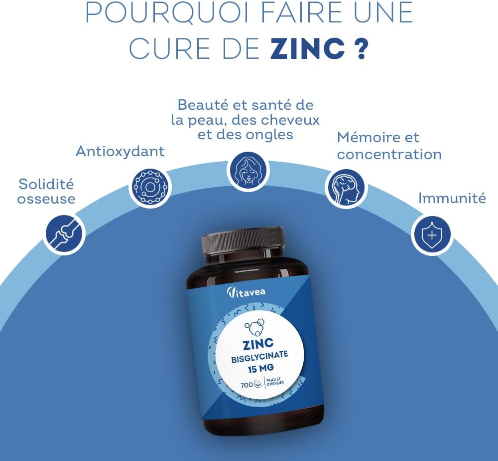 Zinc Bisglycinate 700 tablets - Acne, Skin, Hair, Immunity - Contains 46 mg of Zinc Bisglycinate (including 15mg Zinc Element) - Without Digestive Discomfort - Vegan - Made in France - Vitavea - Image 4