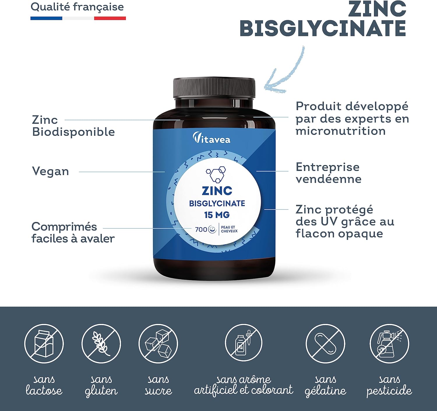 Zinc Bisglycinate 700 tablets - Acne, Skin, Hair, Immunity - Contains 46 mg of Zinc Bisglycinate (including 15mg Zinc Element) - Without Digestive Discomfort - Vegan - Made in France - Vitavea - Image 5