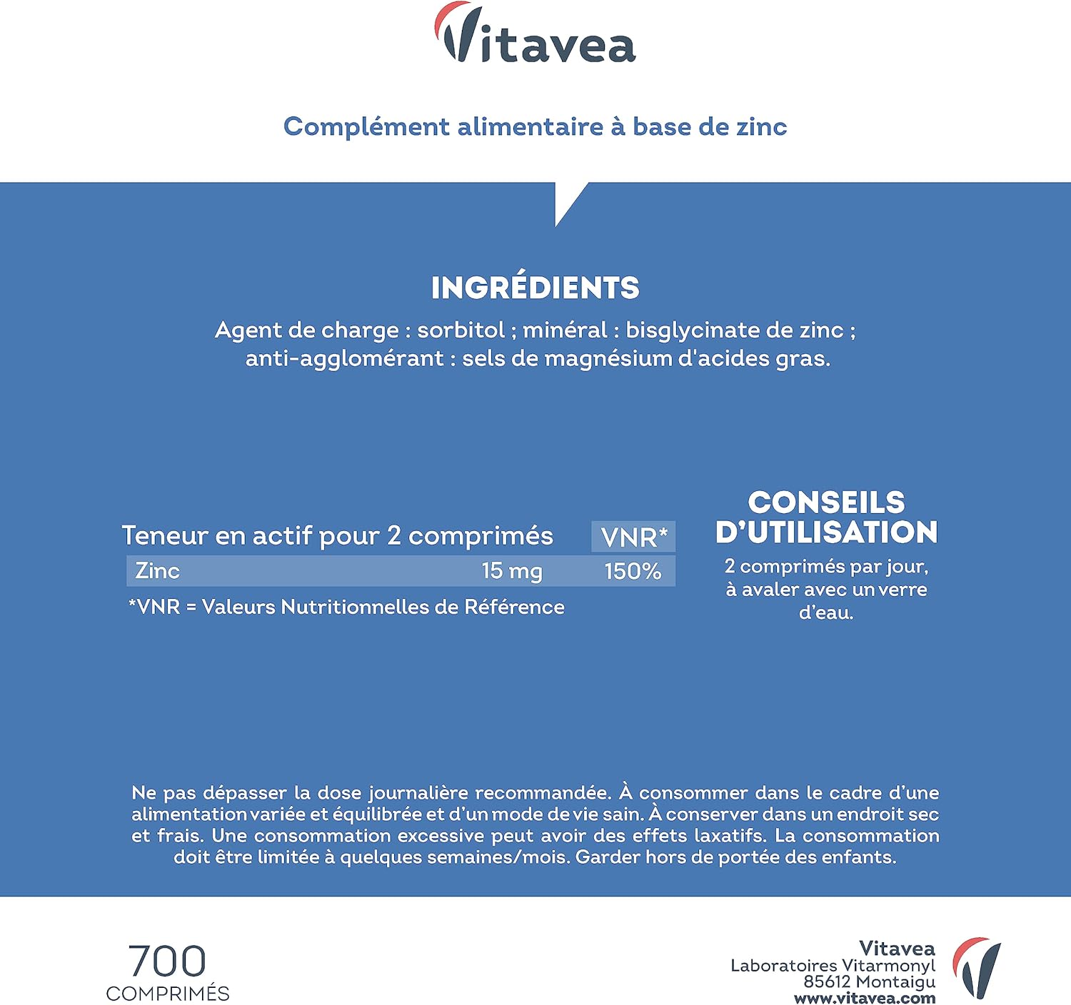 Zinc Bisglycinate 700 tablets - Acne, Skin, Hair, Immunity - Contains 46 mg of Zinc Bisglycinate (including 15mg Zinc Element) - Without Digestive Discomfort - Vegan - Made in France - Vitavea - Image 9