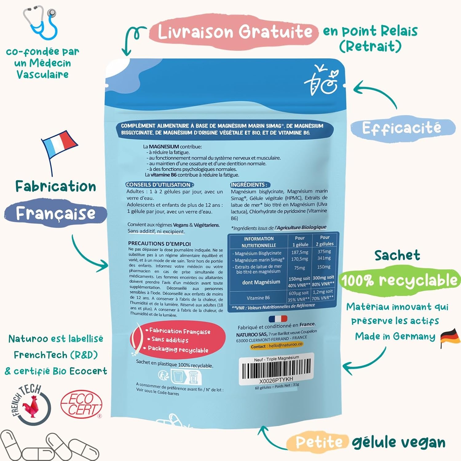 Triple Magnesium Bio - Vegetable (Sea Lettuce), SiMAG® Marin, Bisglycinate - 60 Vegan Capsules (1 to 2 Months) - High Absorption - Fatigue, Stress, Sleep, Muscles - Image 4