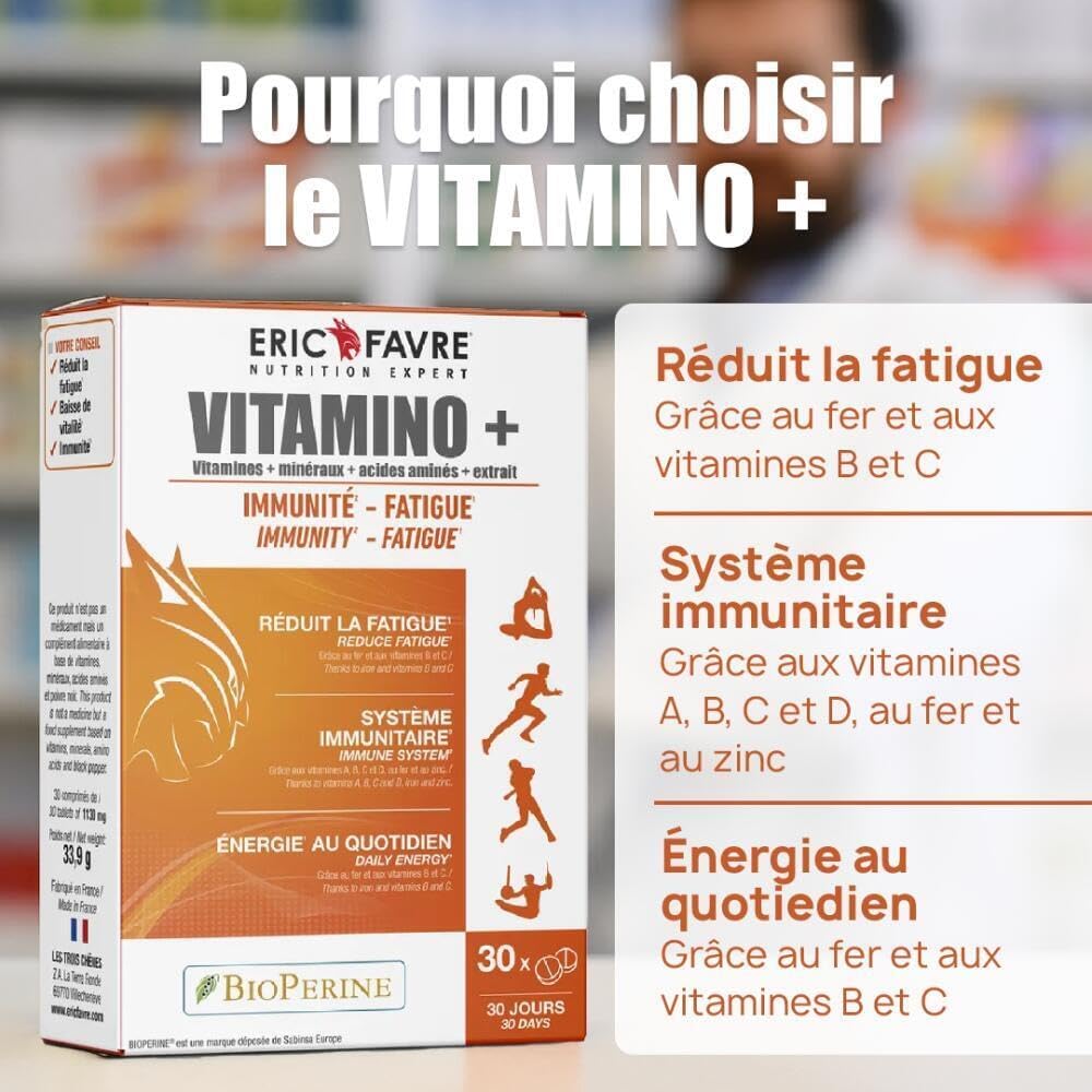 MULTIVITAMIN AND MINERAL COMPLEX Vitamino+ - High Absorption - Vitamins A, B, C, D3, E, Minerals, Amino Acids, Zinc - Immunity, Fatigue - Programme 30J - 30 Tablets - Eric Favre - Image 3