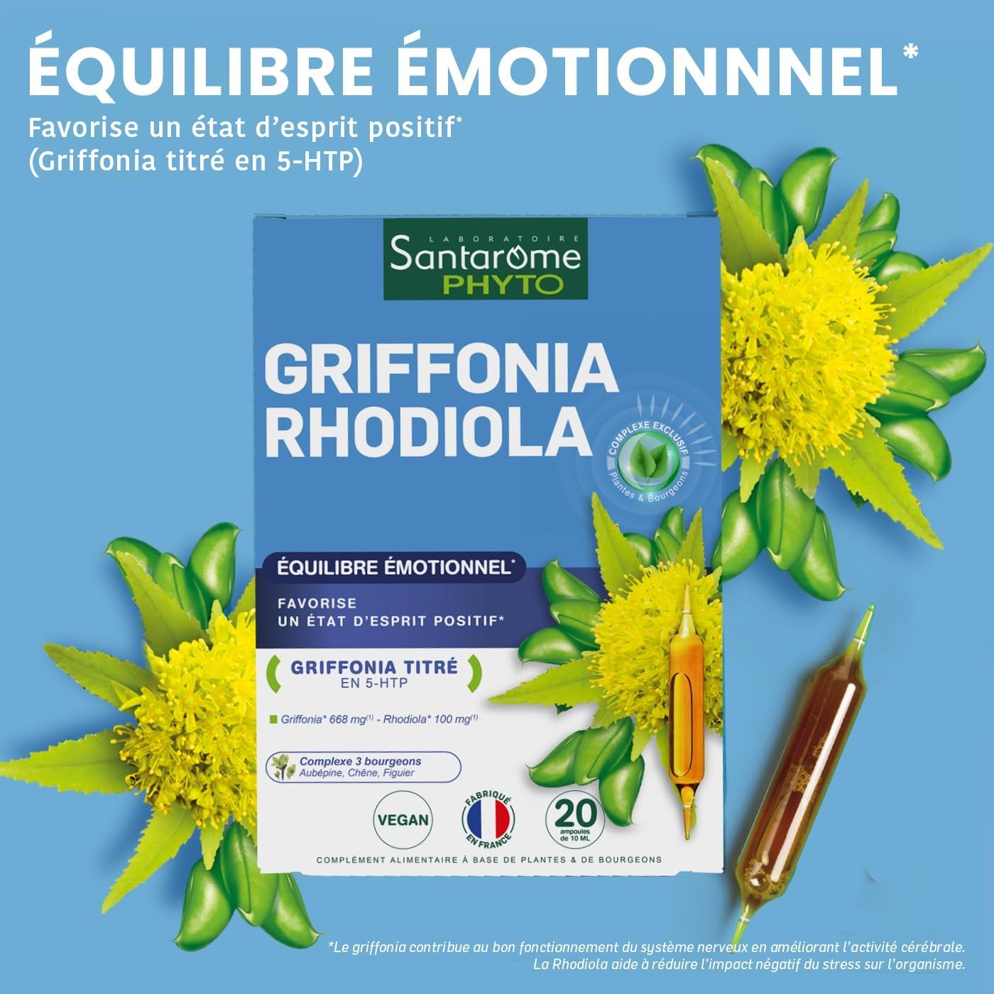 Santarome Griffonia Rhodiola Nervousness Supplement for Relaxation and Relaxation 5-HTP Titled 20 Ampoules Vegan Made in France - Image 3
