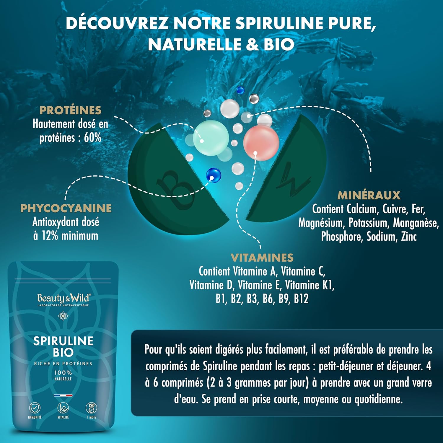 Spirulina BIO 500mg - Superfood Rich in Protein (60%) & Phycocyanin - Energy, Immunity, Detox, Endurance - Fatigue, Sport, Bodybuilding - Vegan, Natural - 120 Tablets (1 Month) - High Quality - Image 3