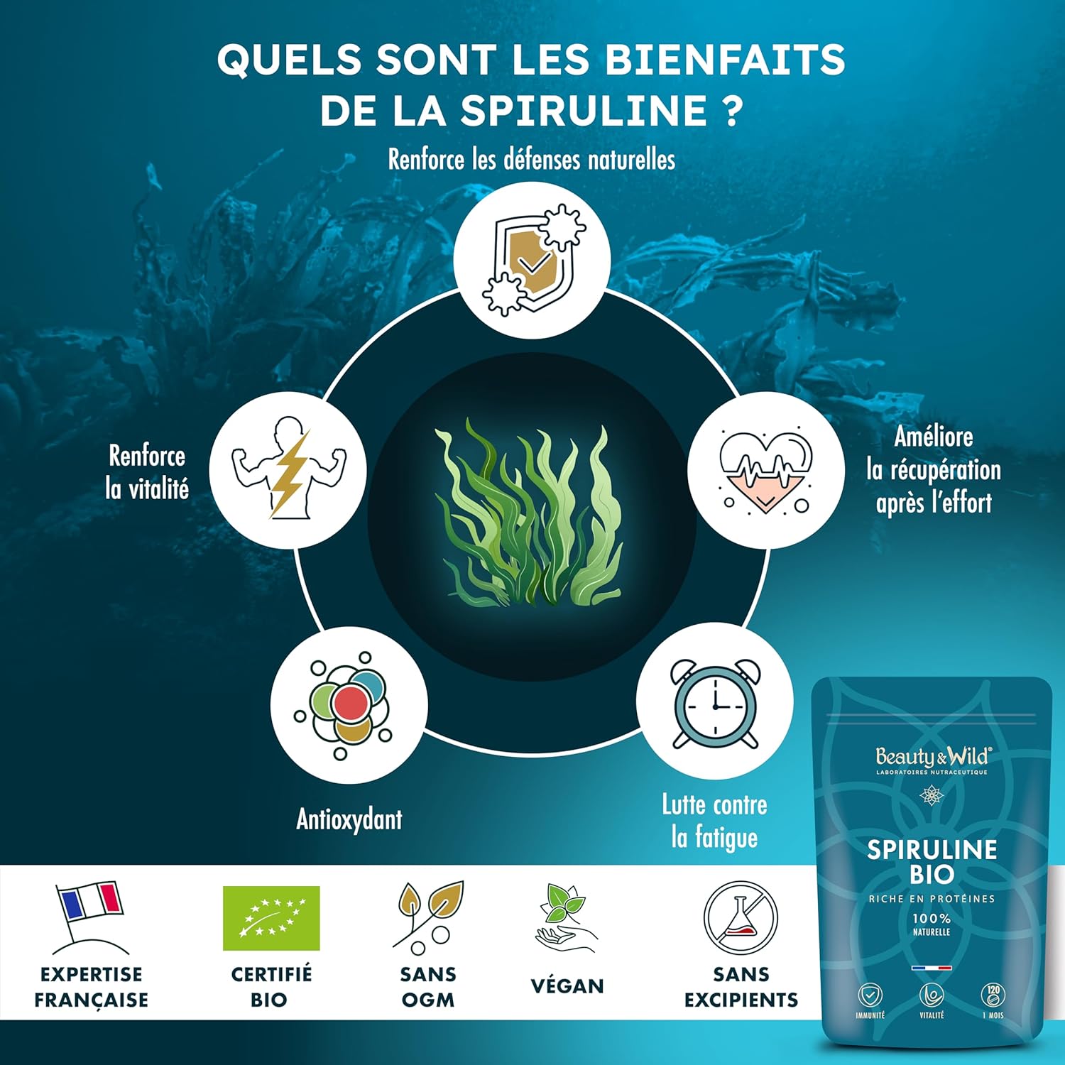 Spirulina BIO 500mg - Superfood Rich in Protein (60%) & Phycocyanin - Energy, Immunity, Detox, Endurance - Fatigue, Sport, Bodybuilding - Vegan, Natural - 120 Tablets (1 Month) - High Quality - Image 4