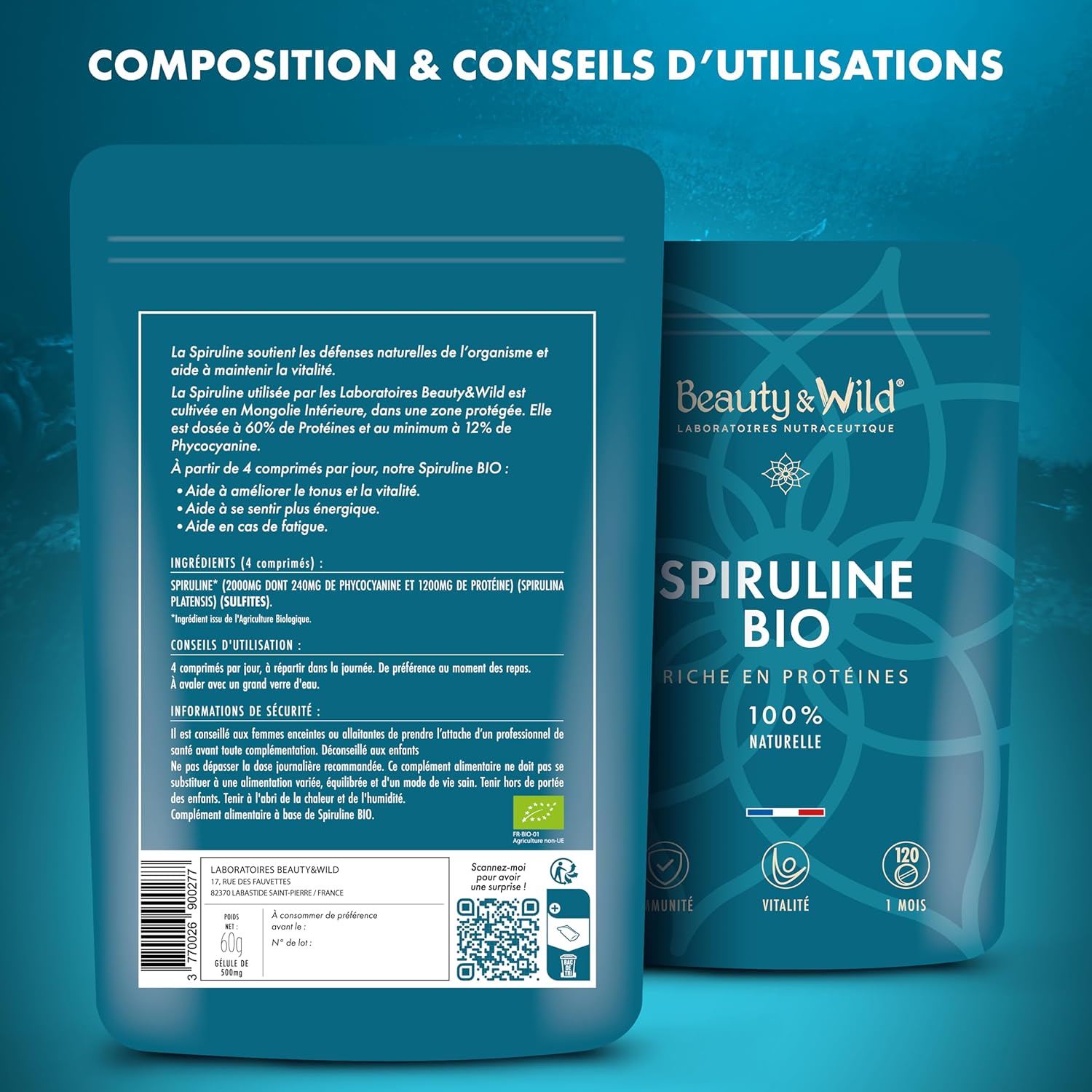 Spirulina BIO 500mg - Superfood Rich in Protein (60%) & Phycocyanin - Energy, Immunity, Detox, Endurance - Fatigue, Sport, Bodybuilding - Vegan, Natural - 120 Tablets (1 Month) - High Quality - Image 8