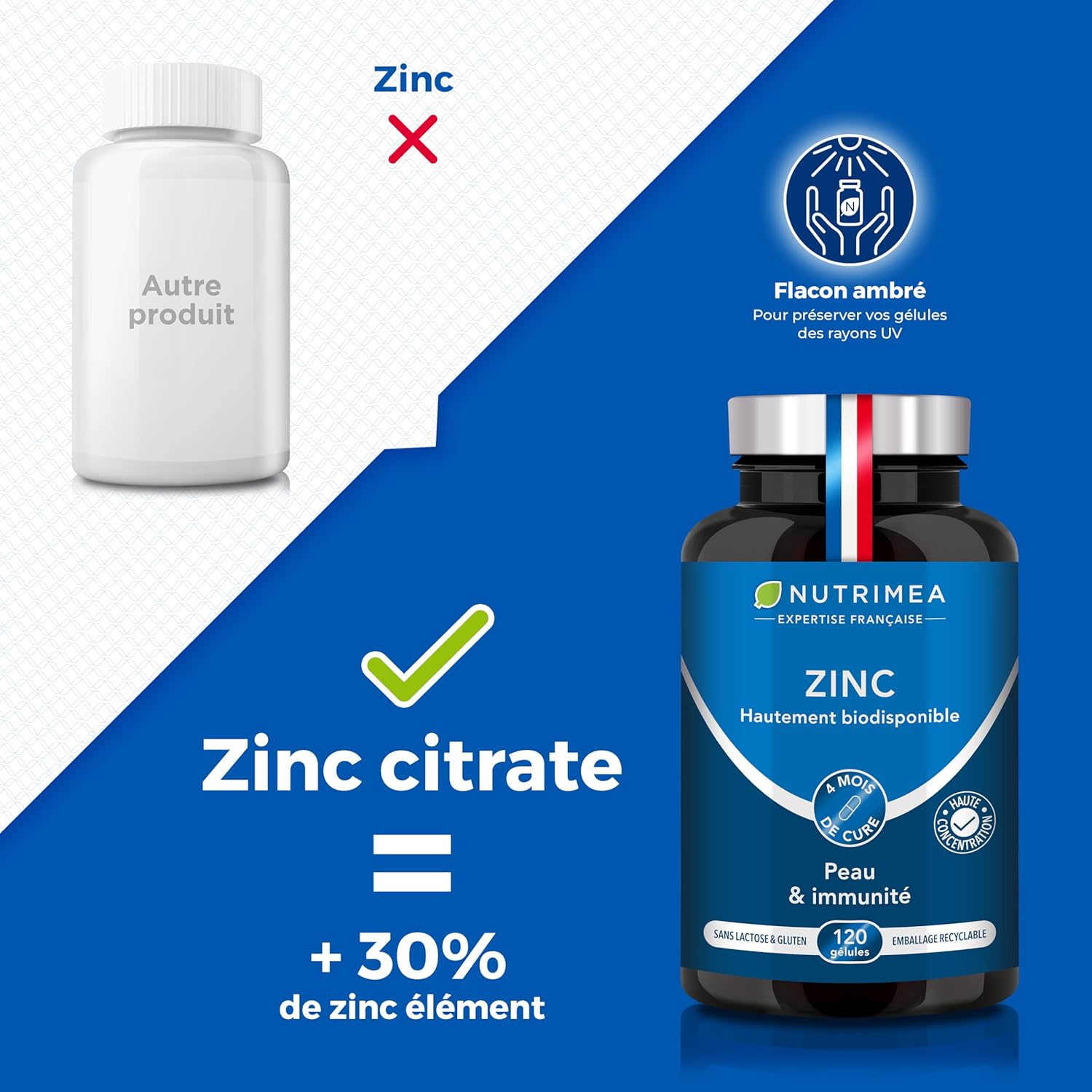 ZINC Citrate - 100% Pure Formula - High Absorption - Helps Fight Acne - Provides 40 mg of Including 12.5 mg of Zinc Element (Zn) - 120 Vegan Capsules - Nutrimea - Made in France - Image 4
