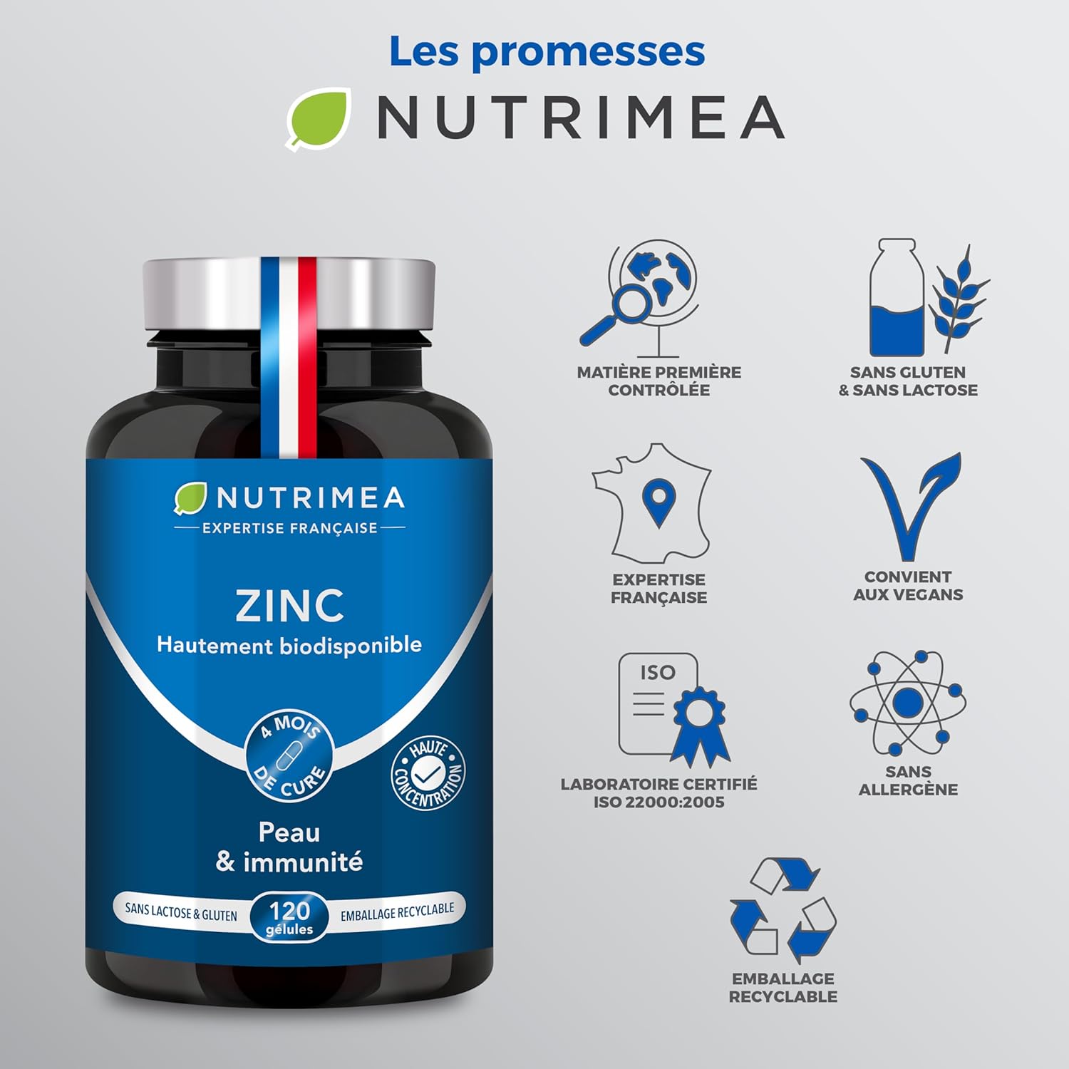 ZINC Citrate - 100% Pure Formula - High Absorption - Helps Fight Acne - Provides 40 mg of Including 12.5 mg of Zinc Element (Zn) - 120 Vegan Capsules - Nutrimea - Made in France - Image 9