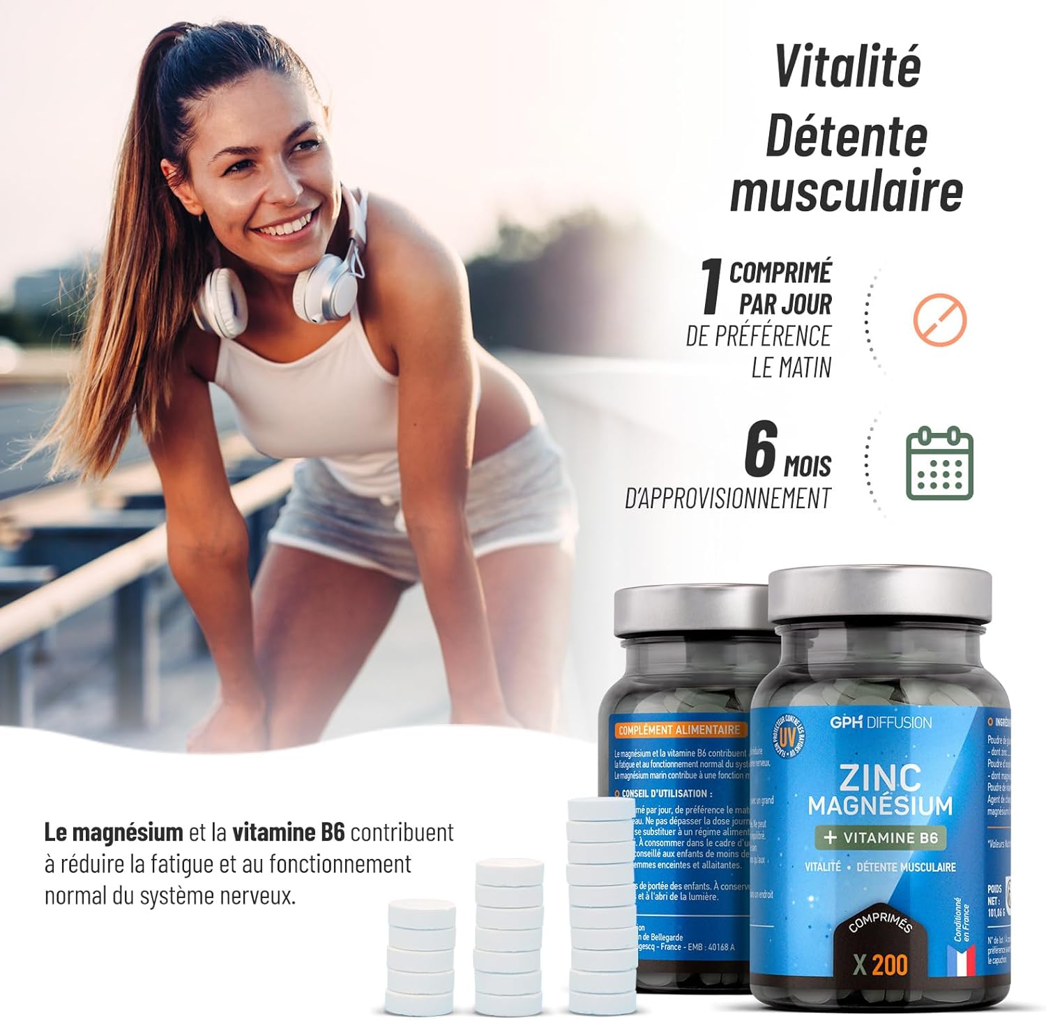 Marine Magnesium + Zinc + B6-200 Tablets - Vitality - Muscle Relaxation - GPH DIFFUSION - Image 6