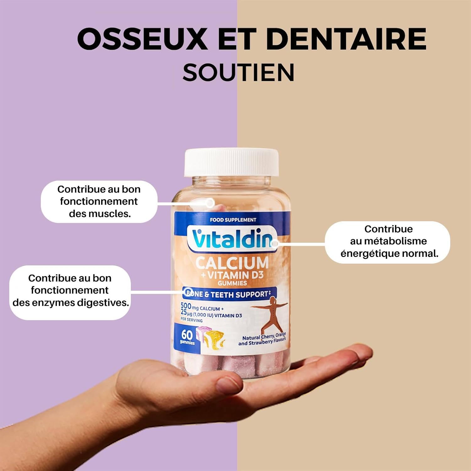 VITALDIN Calcium + Vitamin D3 Gummies - 500mg Calcium & 1,000 IU Vitamin D Per Dose - 60 Gums (for 1 Month) Fruit Flavour - Strengthens Bones & Teeth - Gluten Free - For Kids & Adults - Image 3
