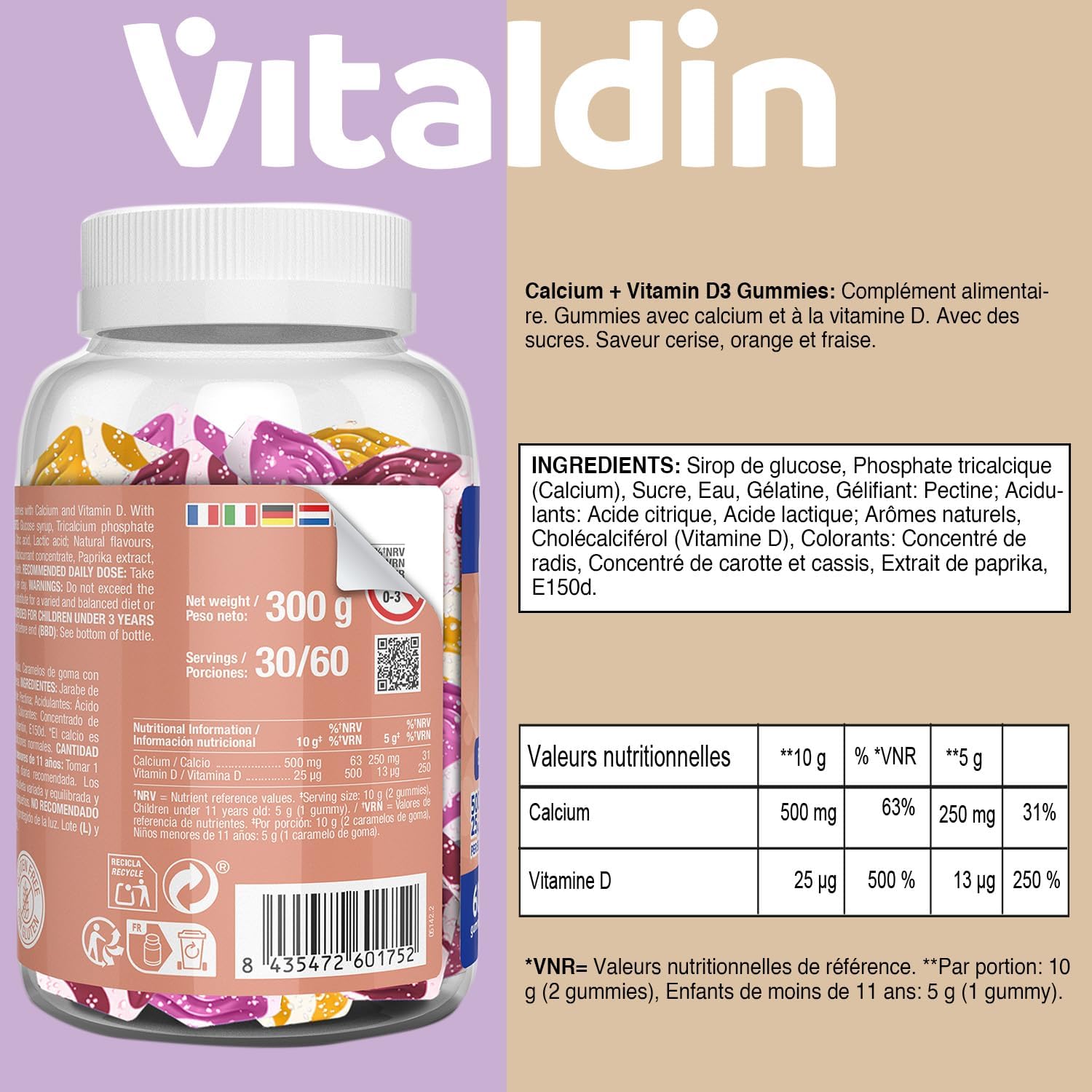 VITALDIN Calcium + Vitamin D3 Gummies - 500mg Calcium & 1,000 IU Vitamin D Per Dose - 60 Gums (for 1 Month) Fruit Flavour - Strengthens Bones & Teeth - Gluten Free - For Kids & Adults - Image 8