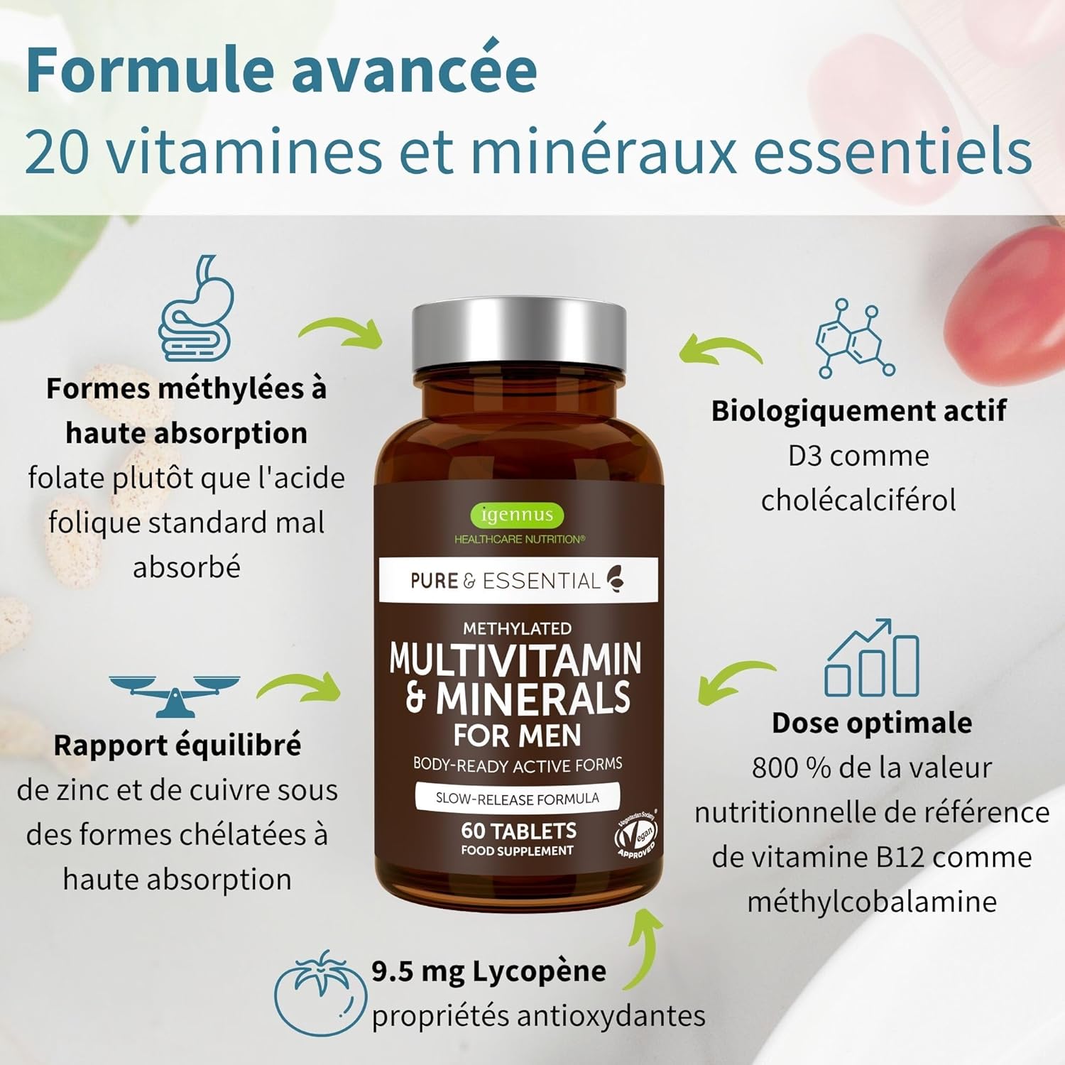 Multivitamins & Minerals for Men with Lycopene, Zinc, Vitamin D3, B6 & B12 Methylated for Energy, Immune & Heart Health, Slow Release, 60 Tablets - by Igennus - Image 3