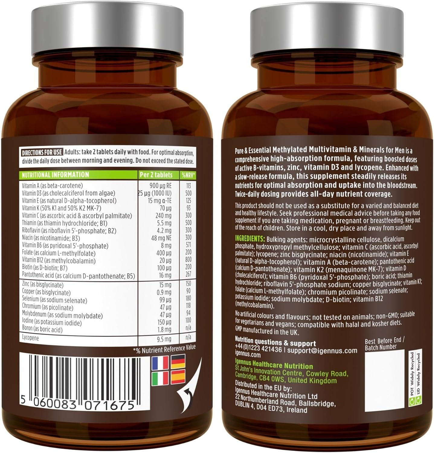 Multivitamins & Minerals for Men with Lycopene, Zinc, Vitamin D3, B6 & B12 Methylated for Energy, Immune & Heart Health, Slow Release, 60 Tablets - by Igennus - Image 9