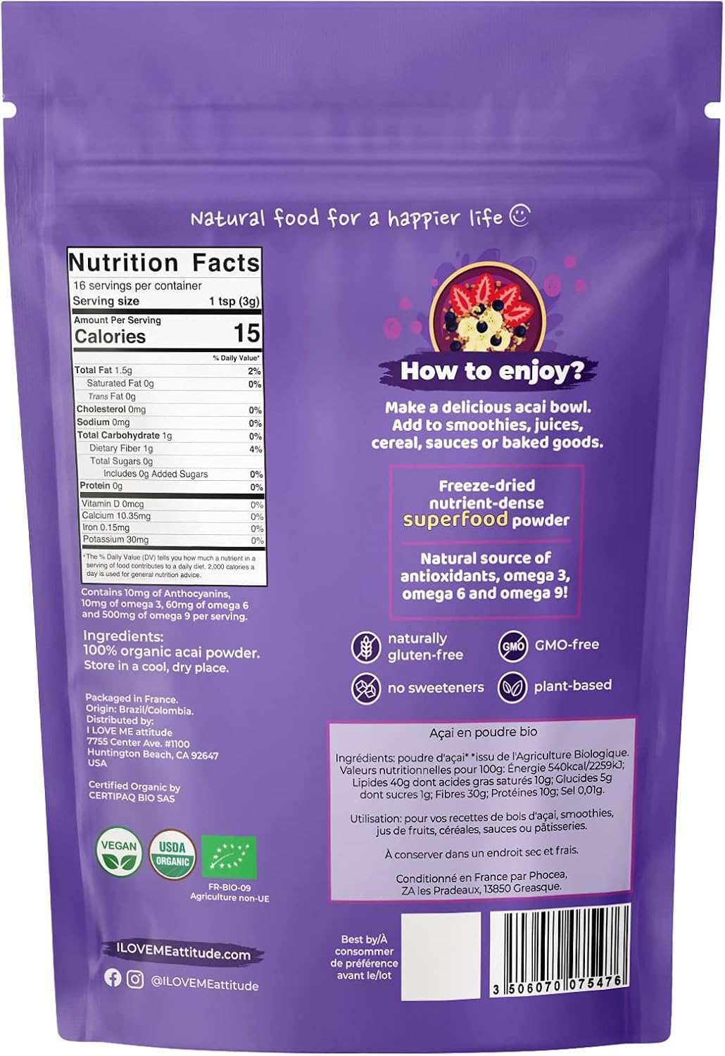 I Love ME | Organic Acai Powder, 50g | Vegan, Non-GMO, Raw, Freeze-Dried, 100% Pure - Image 3