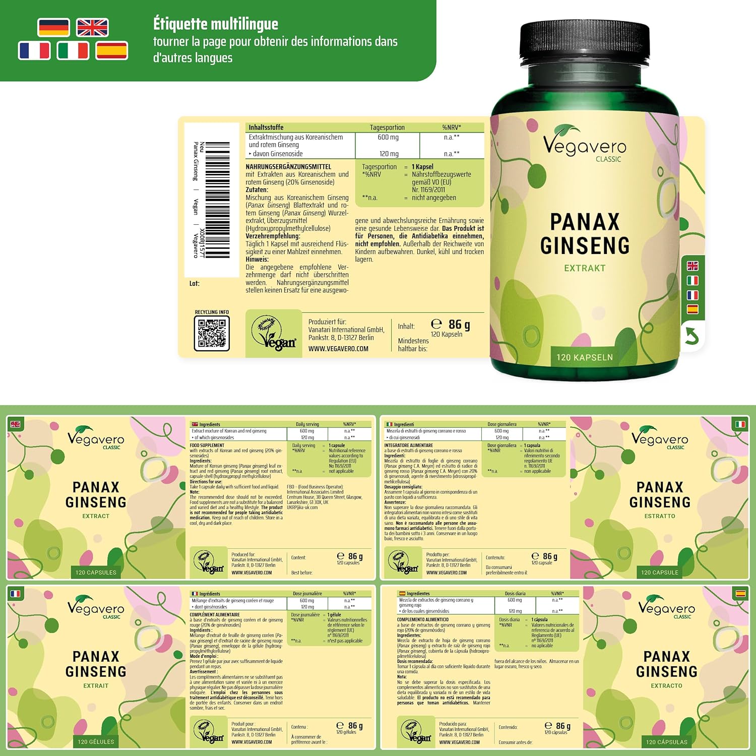 PANAX GINSENG Red + Korean | 120 Capsules | Extra Strength: 4800 mg/day | Anti Stress + Concentration + Energy Booster | 20% Ginsenosides | No Additives & Vegan | Vegavero - Image 3