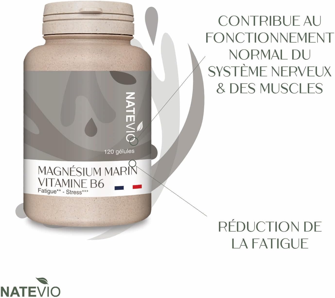 Marine Magnesium Vitamin B6-120 Vegetable Capsules - Vitamin - Fatigue - Stress Anxiety - Made in France Natevio - Image 3