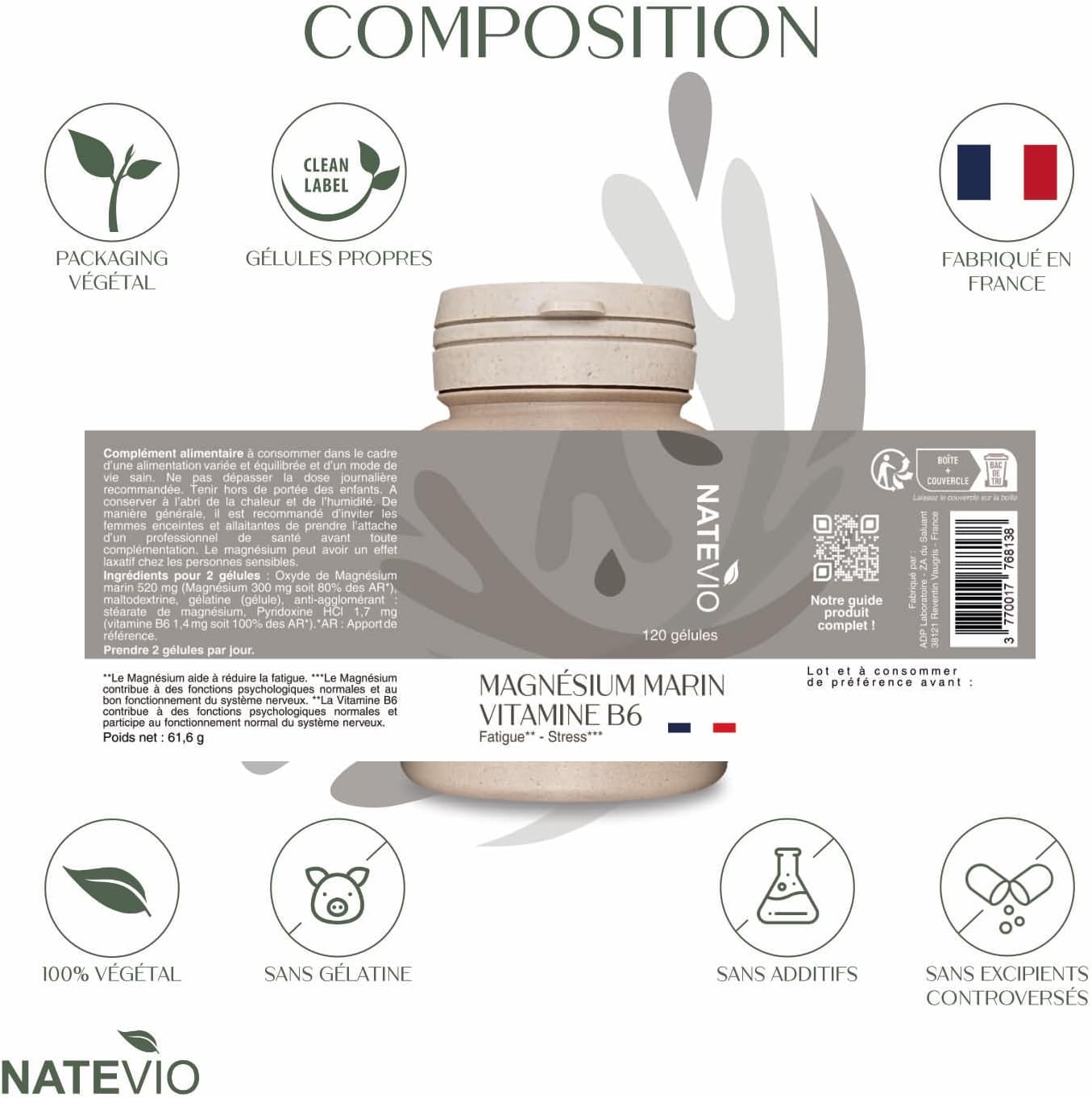 Marine Magnesium Vitamin B6-120 Vegetable Capsules - Vitamin - Fatigue - Stress Anxiety - Made in France Natevio - Image 4