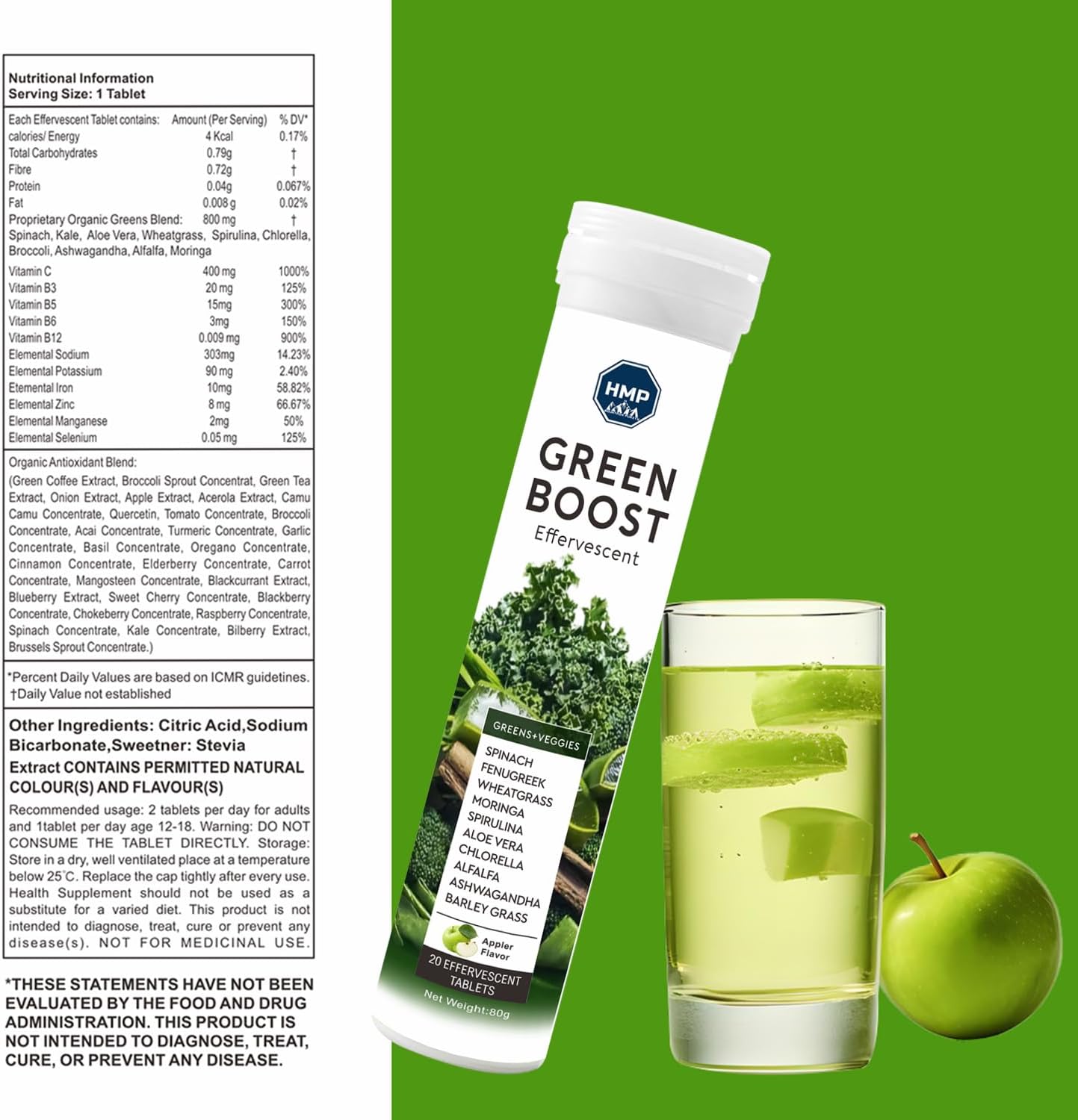 GreenBoost Effervescent HMP - Alkalinizing, Detoxifying & Basifying Superfoods | Natural Energy, Immunity, Antioxidants | Spirulina, Moringa, Acai, Green Tea, Zinc | Tablets - Image 3