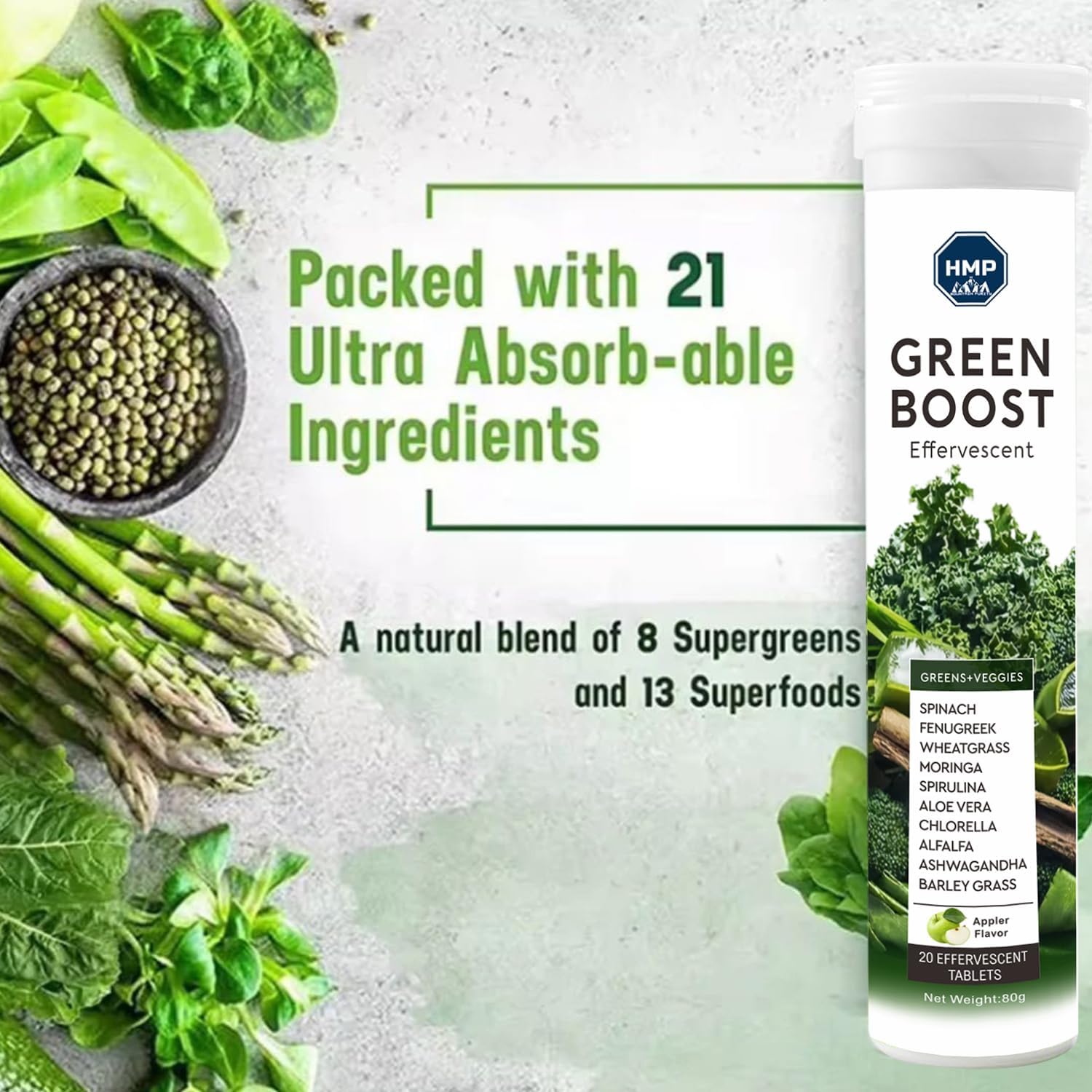 GreenBoost Effervescent HMP - Alkalinizing, Detoxifying & Basifying Superfoods | Natural Energy, Immunity, Antioxidants | Spirulina, Moringa, Acai, Green Tea, Zinc | Tablets - Image 6