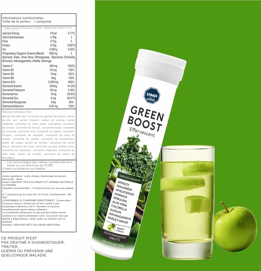 GreenBoost Effervescent HMP - Alkalinizing, Detoxifying & Basifying Superfoods | Natural Energy, Immunity, Antioxidants | Spirulina, Moringa, Acai, Green Tea, Zinc | Tablets - Image 7