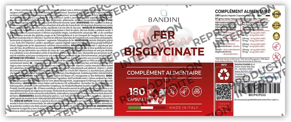 Bandini® Iron Bisglycinate 80mg 180 Capsules (6 Months) + Vitamin C and Acerola - Nutritional Supplement Absorption & Maximum Bioavailability - For Fatigue & Immune System - Vegan Capsules - Image 8