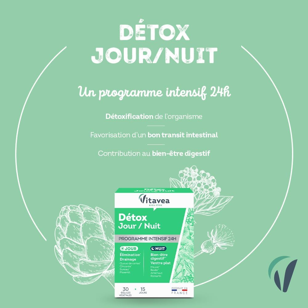 VITAVEA BIEN-ETRE - 24h Detox Food Supplement Day & Night - Elimination Digestion Drainage - Elderberry, Cherry Tail, Artichoke, Mauve - 30 capsules - Made in France - Image 3