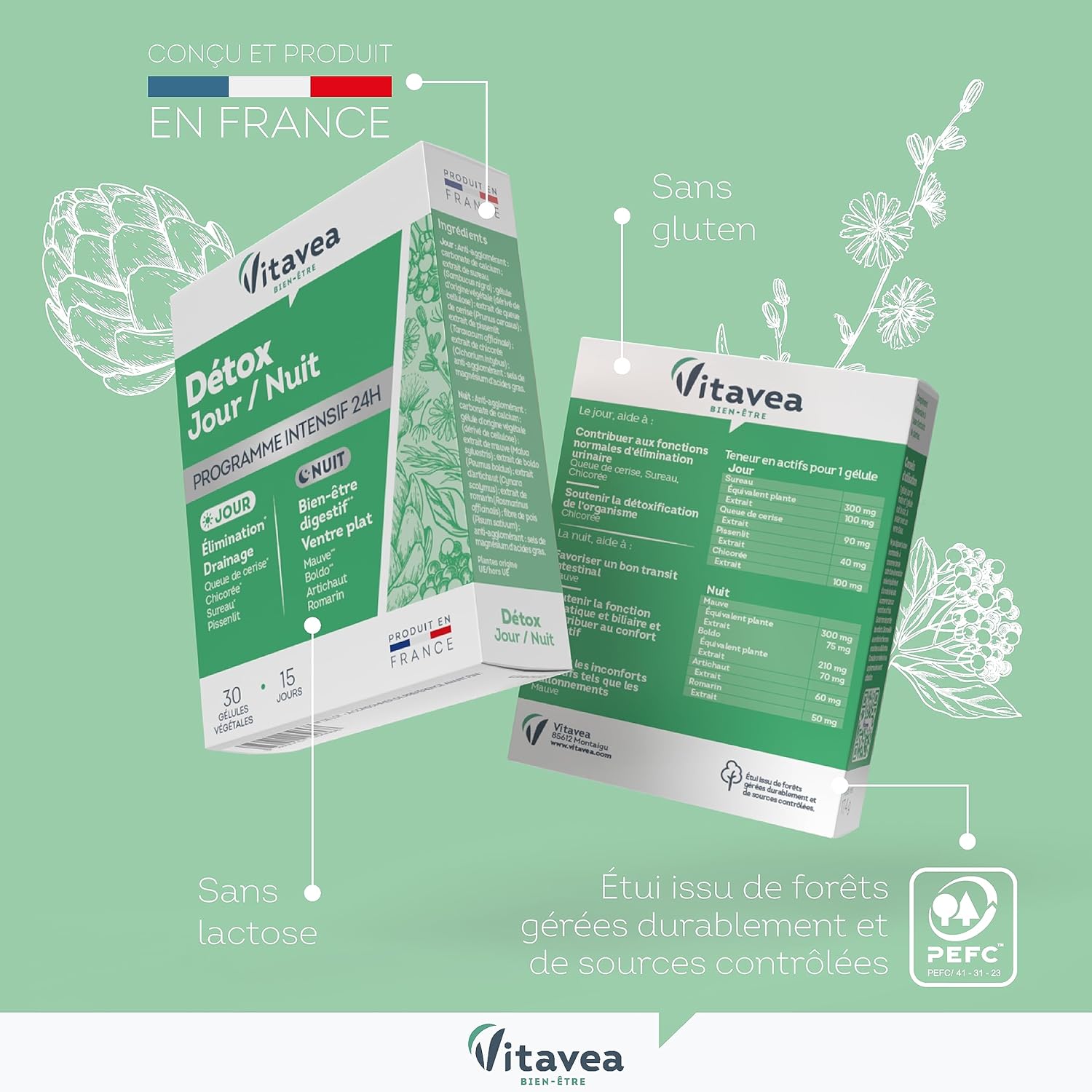 VITAVEA BIEN-ETRE - 24h Detox Food Supplement Day & Night - Elimination Digestion Drainage - Elderberry, Cherry Tail, Artichoke, Mauve - 30 capsules - Made in France - Image 5