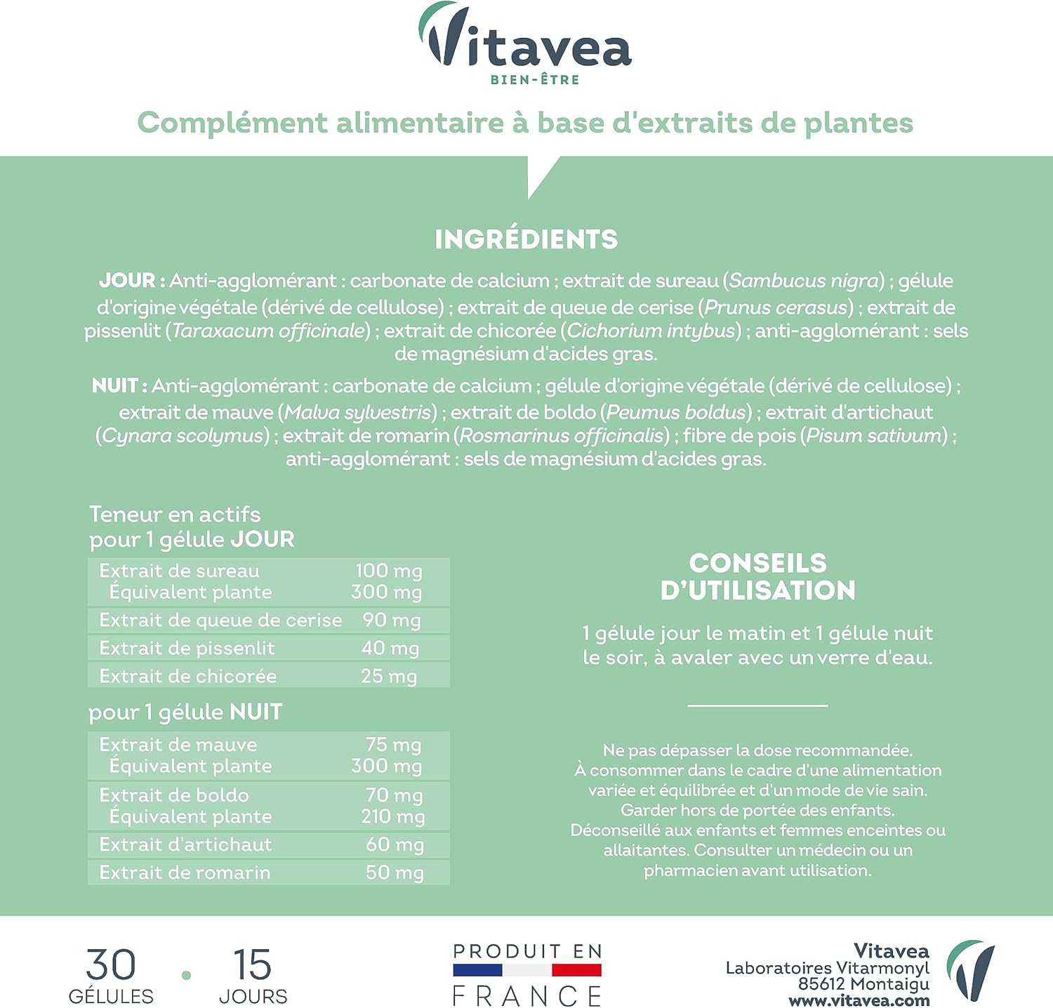 VITAVEA BIEN-ETRE - 24h Detox Food Supplement Day & Night - Elimination Digestion Drainage - Elderberry, Cherry Tail, Artichoke, Mauve - 30 capsules - Made in France - Image 8