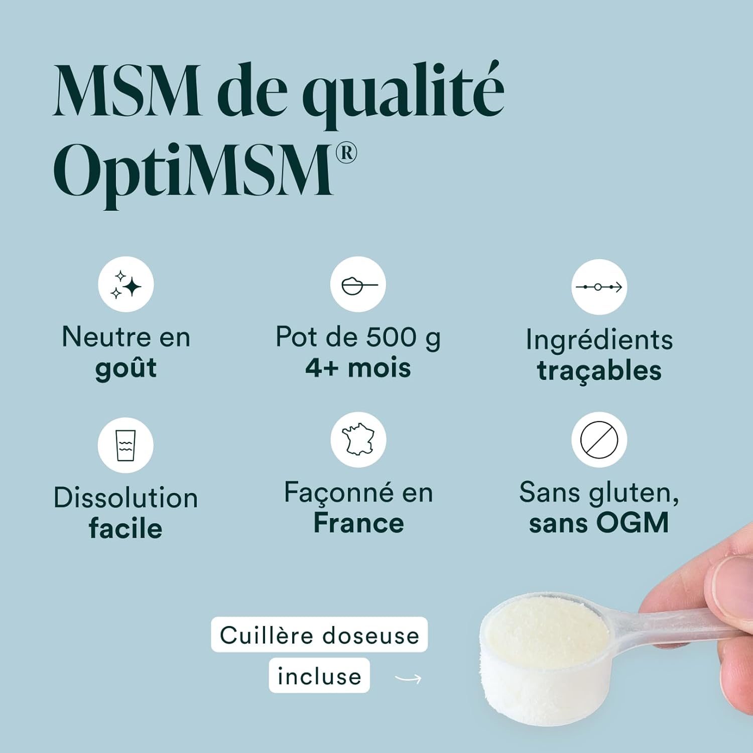 NOVOMA OptiMSM® 500 g, Organic Sulphur Powder, 100% MSM Plant-Derived, Relieves Joint Pain & Improves Hair Beauty, Measuring Spoon Included - Image 5