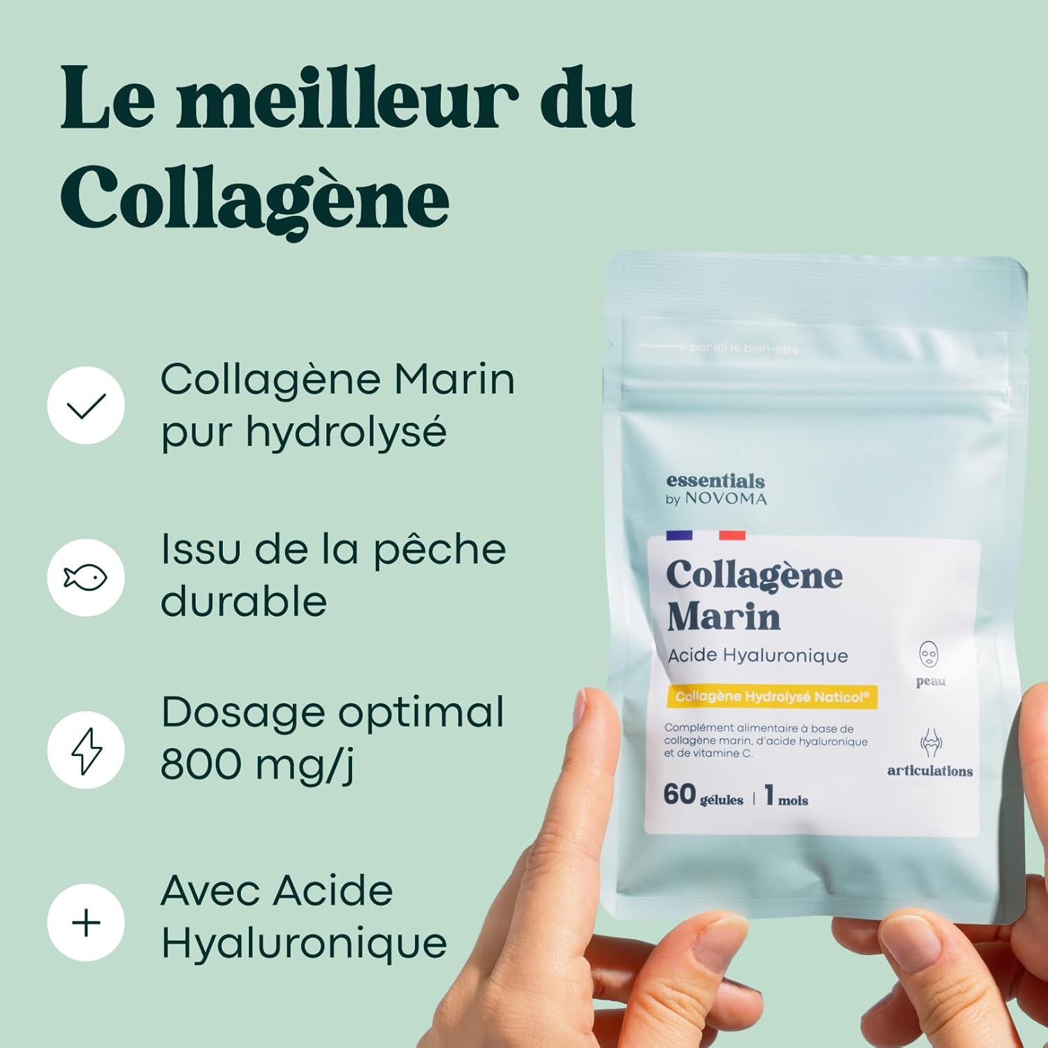 Marine Collagen + Hyaluronic Acid, Hydrolyzed Skin and Strong Joints, 1 Month Cure, 60 Capsules, Hydrolyzed Type 1 Naticol®, and Vitamin C, Made in France, Essentials by Novoma - Image 4