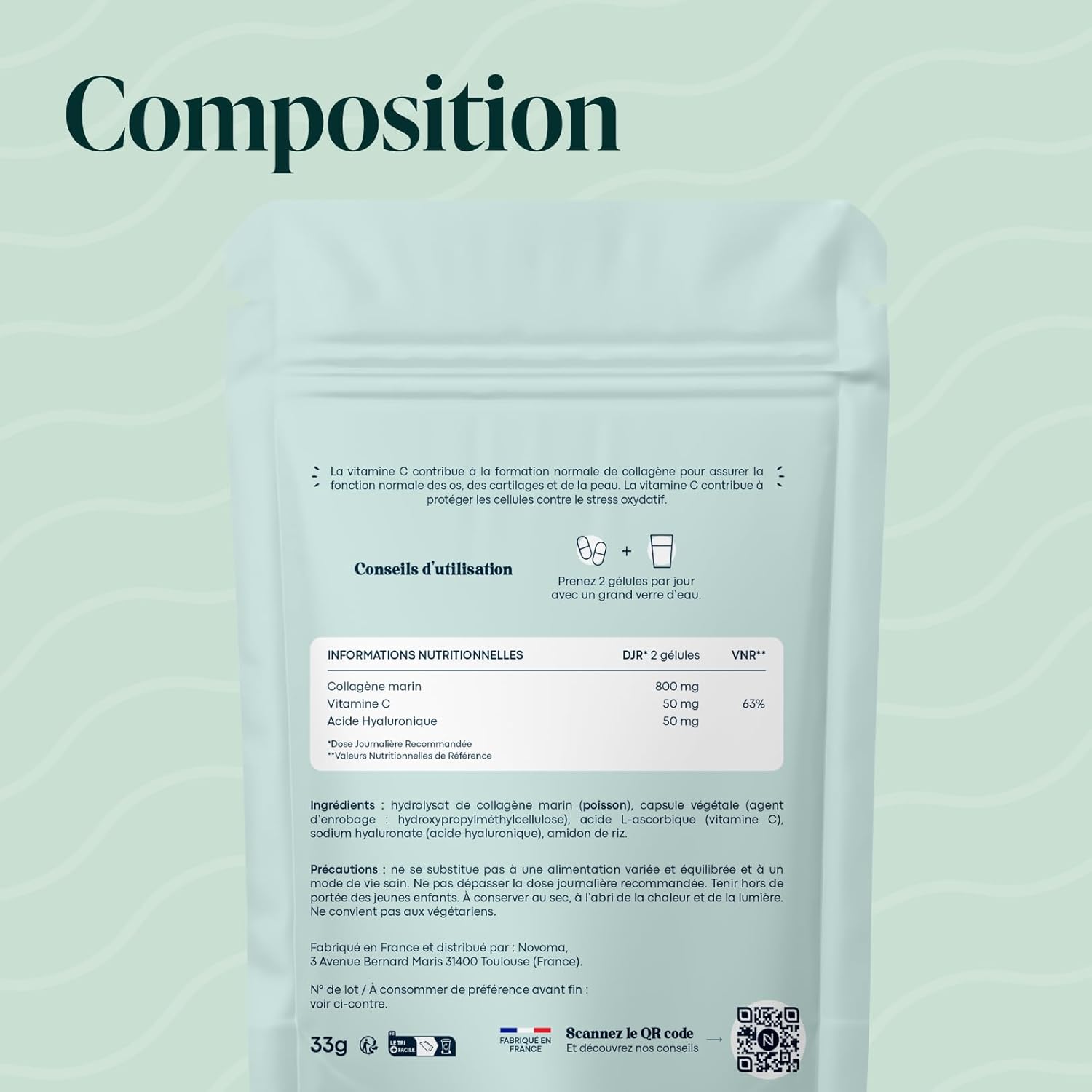 Marine Collagen + Hyaluronic Acid, Hydrolyzed Skin and Strong Joints, 1 Month Cure, 60 Capsules, Hydrolyzed Type 1 Naticol®, and Vitamin C, Made in France, Essentials by Novoma - Image 8