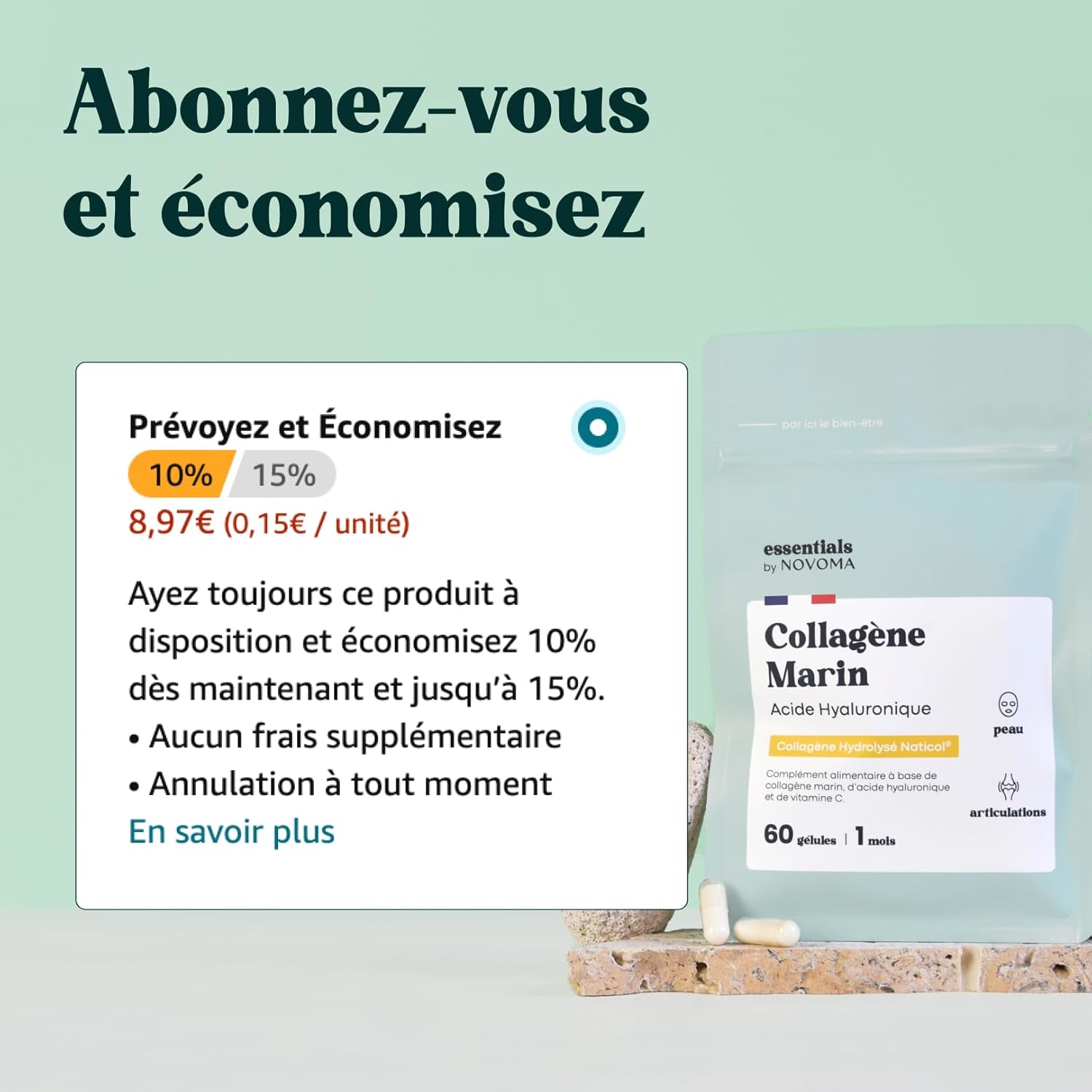 Marine Collagen + Hyaluronic Acid, Hydrolyzed Skin and Strong Joints, 1 Month Cure, 60 Capsules, Hydrolyzed Type 1 Naticol®, and Vitamin C, Made in France, Essentials by Novoma - Image 10