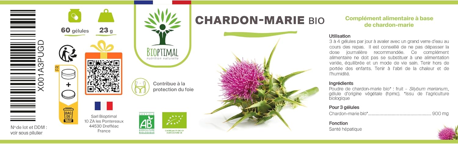 Organic Milk Thistle - Bioptimal - Food Supplement - Natural Detox Detox Liver Digestion - 100% Pure - Silymarin Silybin - 300 mg/Capsule - Made in France - Ecocert Certified - 60 Capsules - Image 10