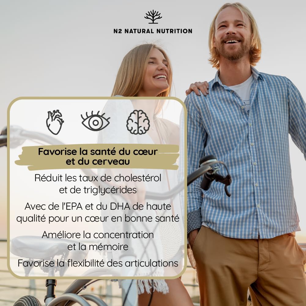 Omega 3 Fish Oil 2000 mg, 700 mg EPA and 500 mg DHA. Fish Oil and Vitamin E. Helps improve and protect vision, brain and heart. Cholesterol regulates.120 Capsules N2 Natural Nutrition - Image 3