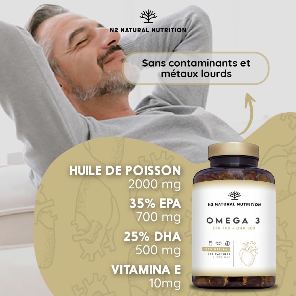 Omega 3 Fish Oil 2000 mg, 700 mg EPA and 500 mg DHA. Fish Oil and Vitamin E. Helps improve and protect vision, brain and heart. Cholesterol regulates.120 Capsules N2 Natural Nutrition - Image 4