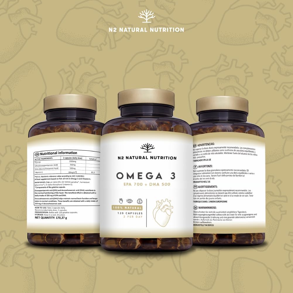 Omega 3 Fish Oil 2000 mg, 700 mg EPA and 500 mg DHA. Fish Oil and Vitamin E. Helps improve and protect vision, brain and heart. Cholesterol regulates.120 Capsules N2 Natural Nutrition - Image 7