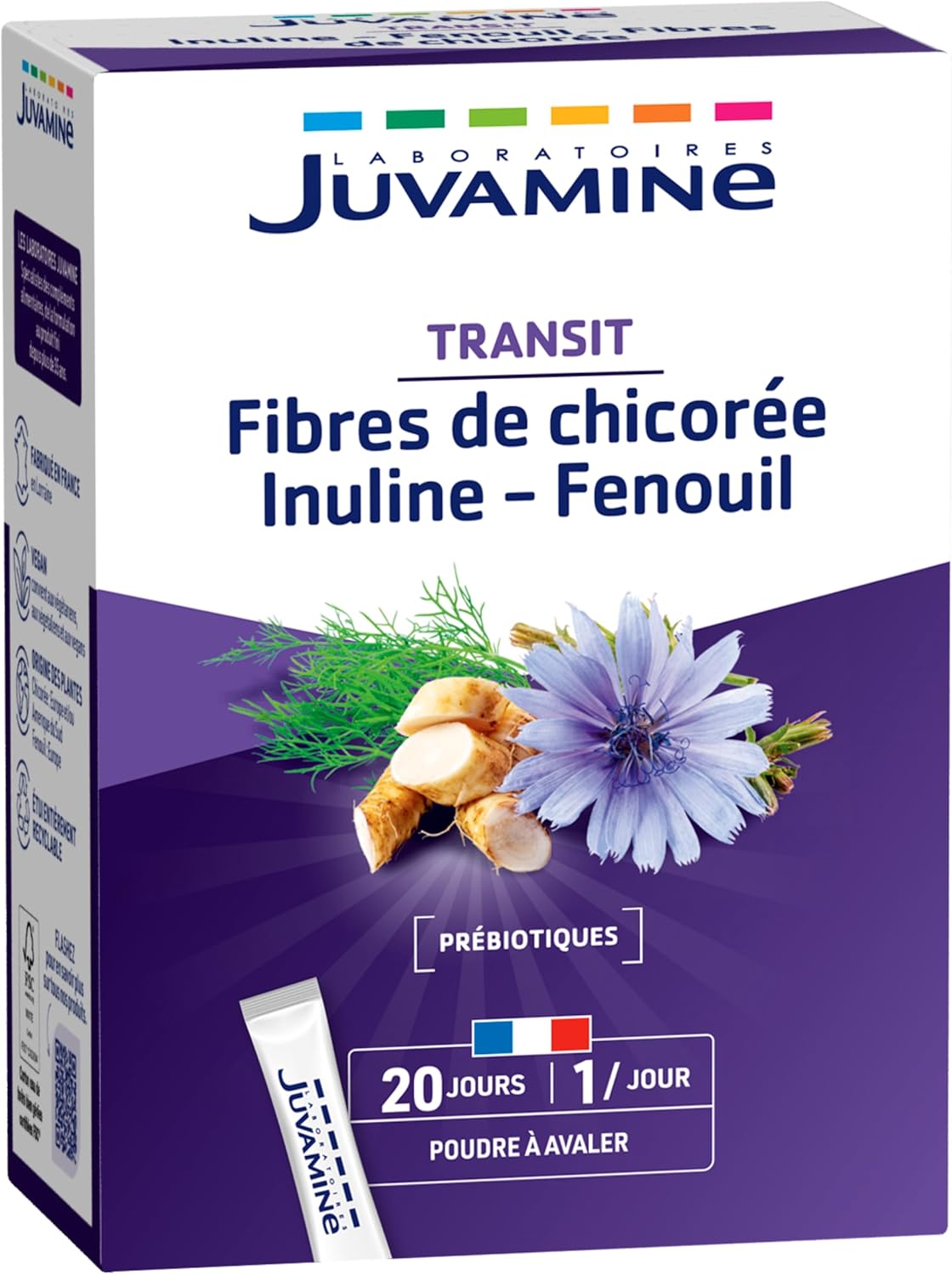 Juvamine - Transit - Intestinal flora and balance - Prebiotics - Chicory fibres - Inulin - Fennel - Made in France - Swallowing powder - 20 sticks - Image 2