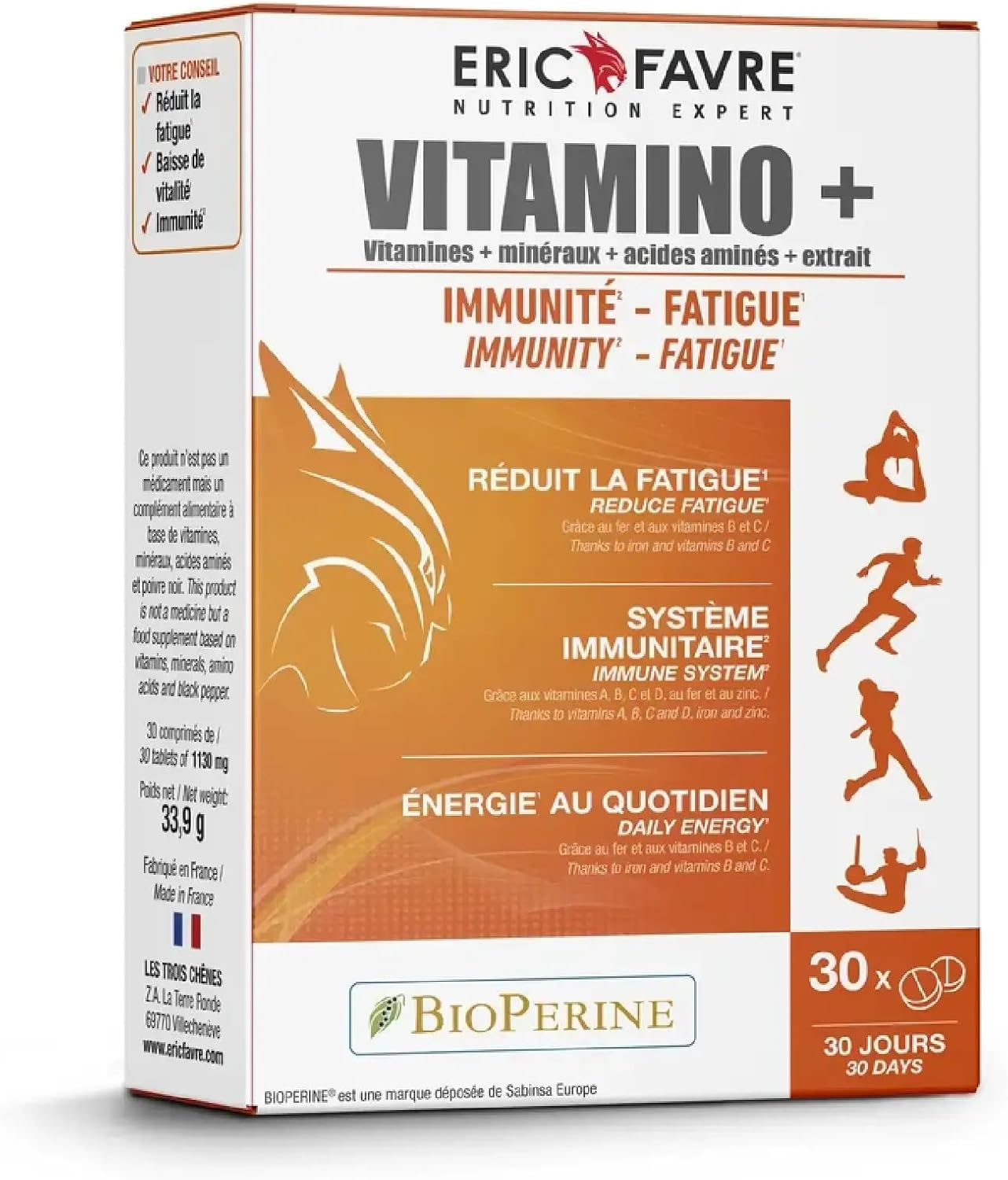 MULTIVITAMIN AND MINERAL COMPLEX Vitamino+ - High Absorption - Vitamins A, B, C, D3, E, Minerals, Amino Acids, Zinc - Immunity, Fatigue - Programme 30J - 30 Tablets - Eric Favre - Image 2