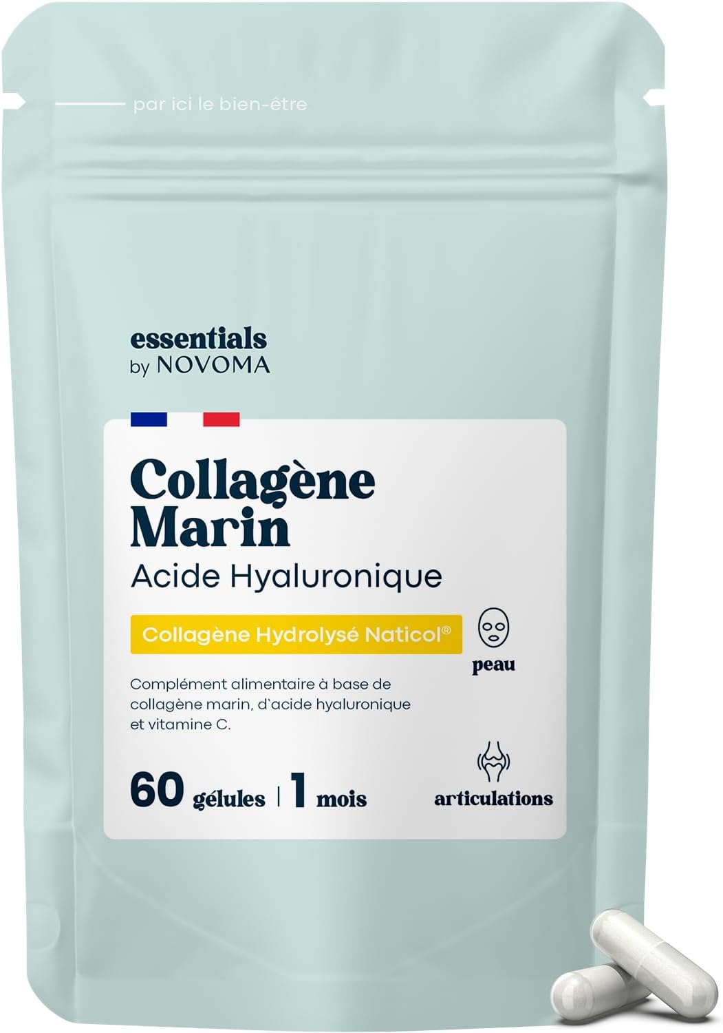 Marine Collagen + Hyaluronic Acid, Hydrolyzed Skin and Strong Joints, 1 Month Cure, 60 Capsules, Hydrolyzed Type 1 Naticol®, and Vitamin C, Made in France, Essentials by Novoma - Image 2