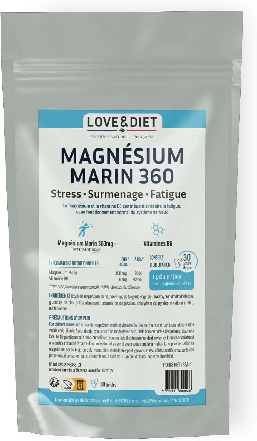Marine Magnesium 360mg + Vitamin B6 - Stress, Overwork and Fatigue - 1 Month Cure - 30 Vegetable Capsules - Made in France Love&Diet - Image 2