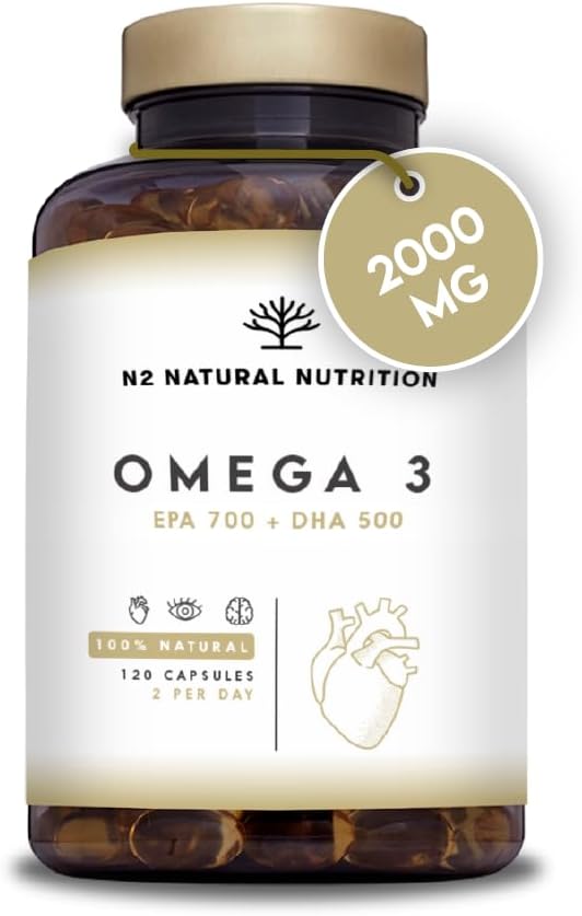 Omega 3 Fish Oil 2000 mg, 700 mg EPA and 500 mg DHA. Fish Oil and Vitamin E. Helps improve and protect vision, brain and heart. Cholesterol regulates.120 Capsules N2 Natural Nutrition - Image 2