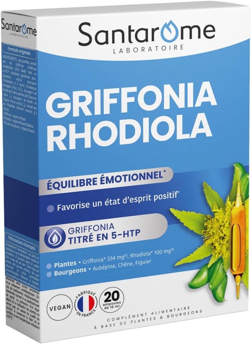 Santarome Griffonia Rhodiola Nervousness Supplement for Relaxation and Relaxation 5-HTP Titled 20 Ampoules Vegan Made in France - Image 2